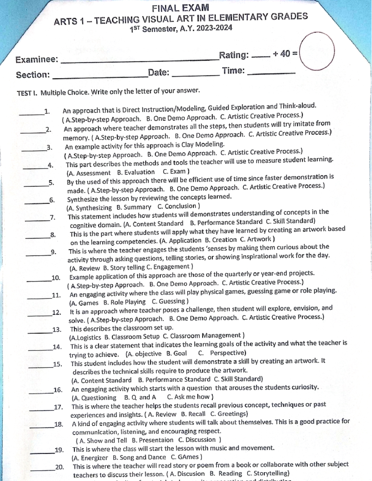 ARTS 1 - Final Exam on Teaching Visual Art in Elementary Grades - Studocu