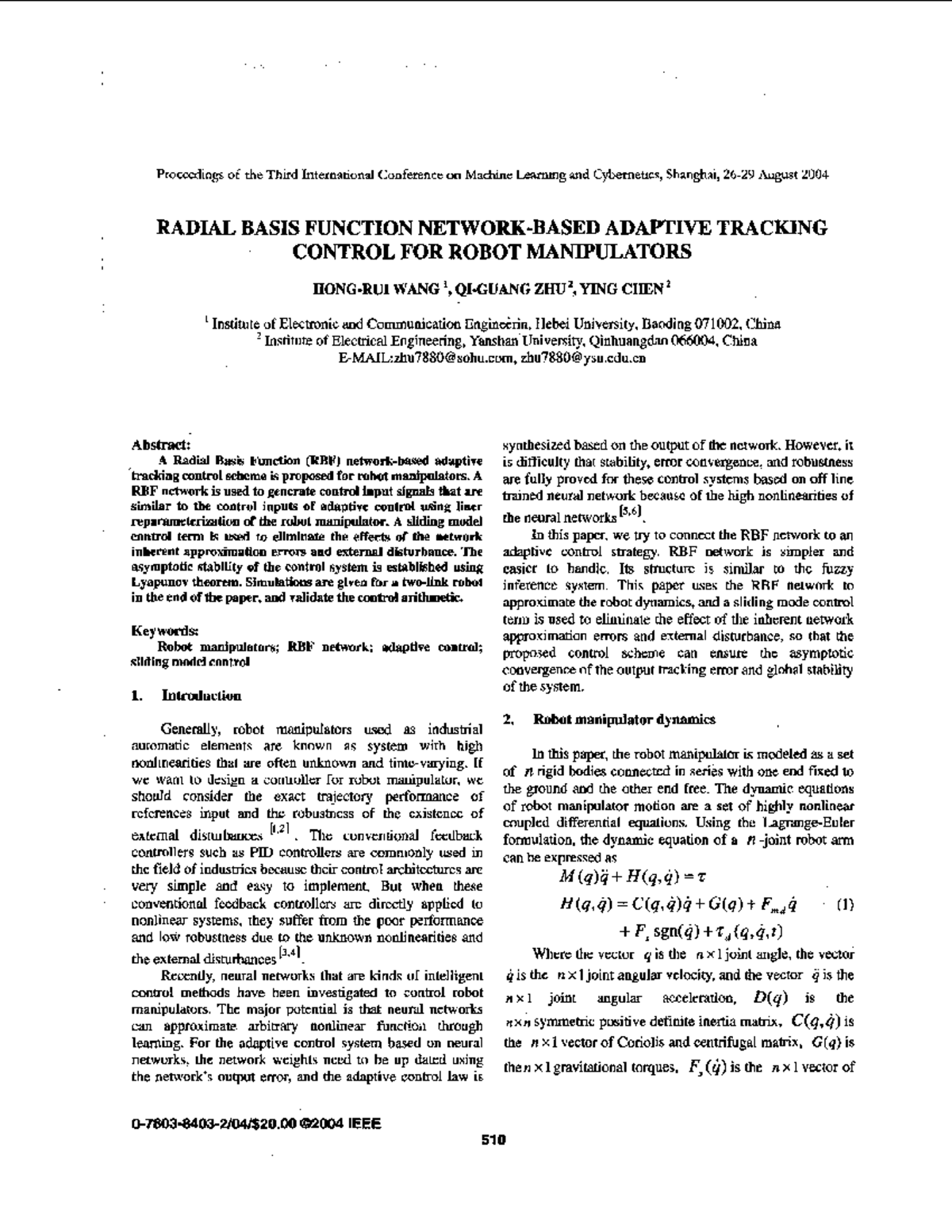 2004-Conference: RBF Network Adaptive Tracking Control for Robots - Studocu