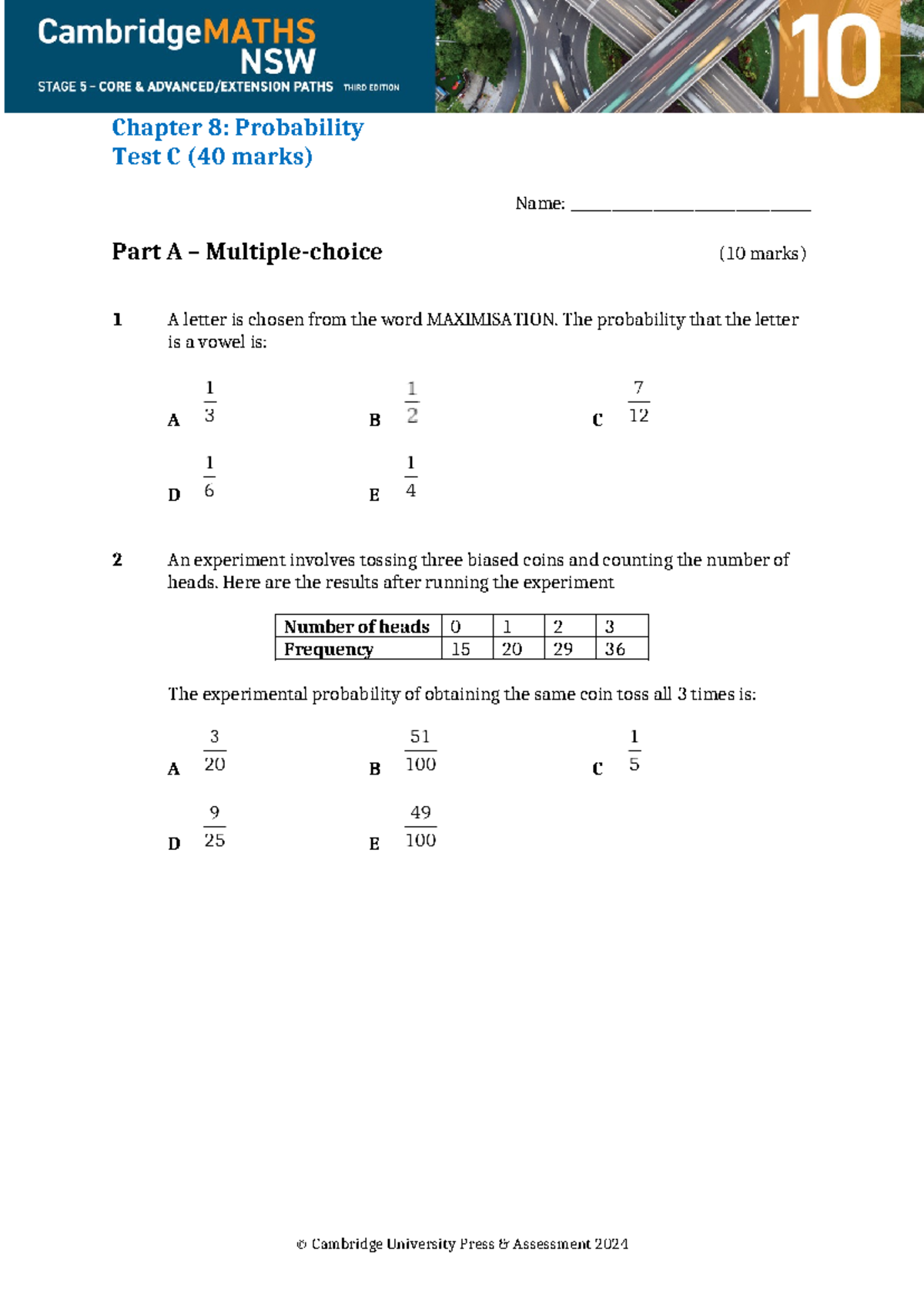 NSW Y10 Ch 8 Probability Test 08C - Cambridge Maths Assessment - Studocu