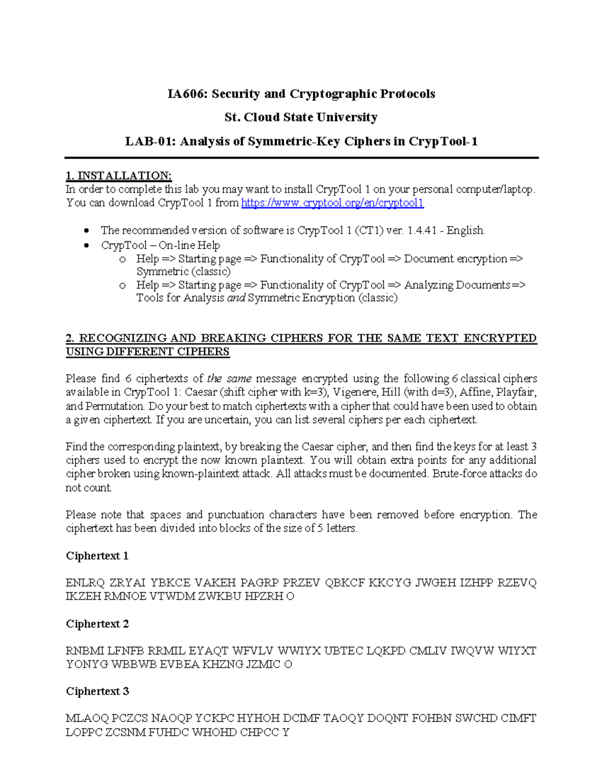 IA606-LAB-01: Analysis of Symmetric-Key Ciphers with CrypTool - Studocu