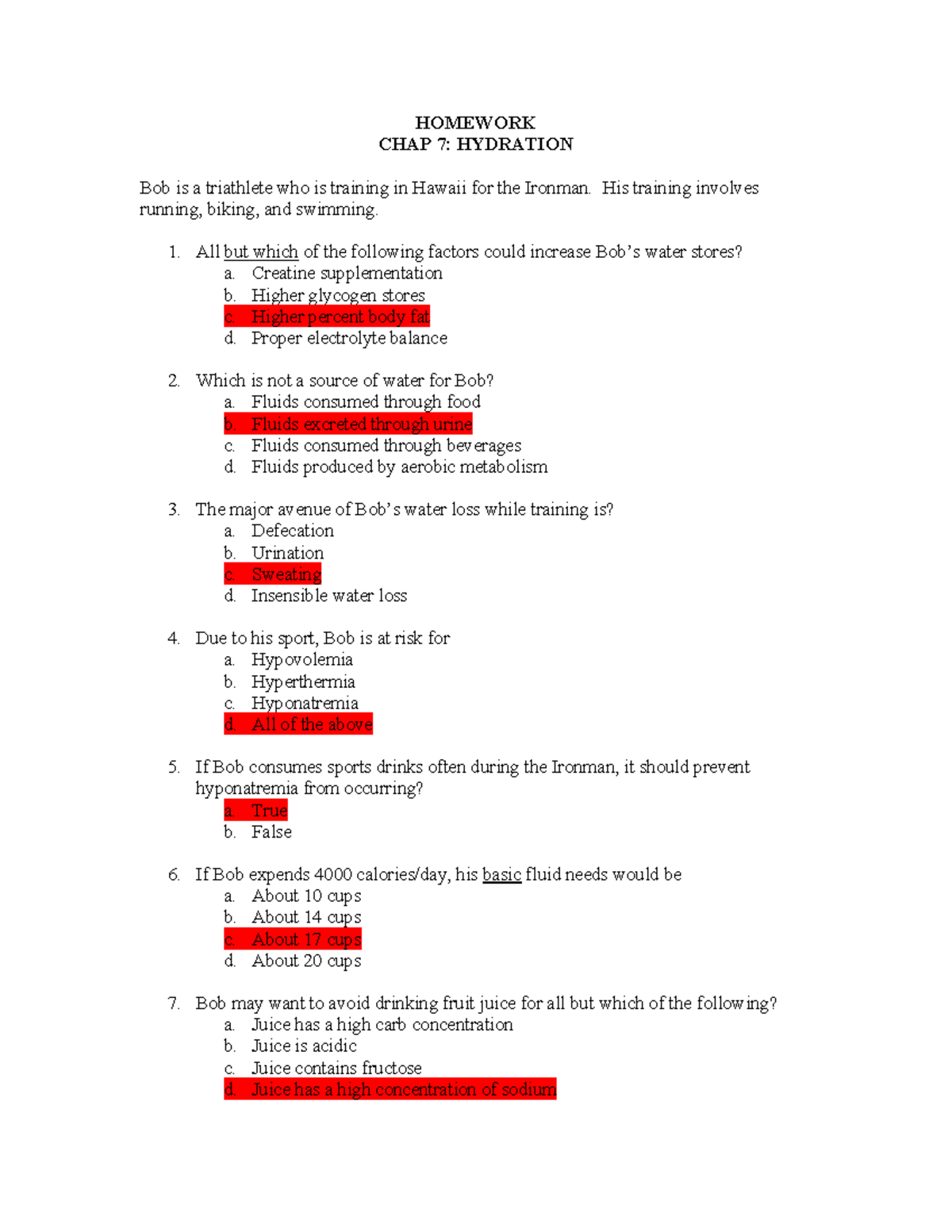 Homework Chap7 Hydration - HOMEWORK CHAP 7: HYDRATION Bob is a ...