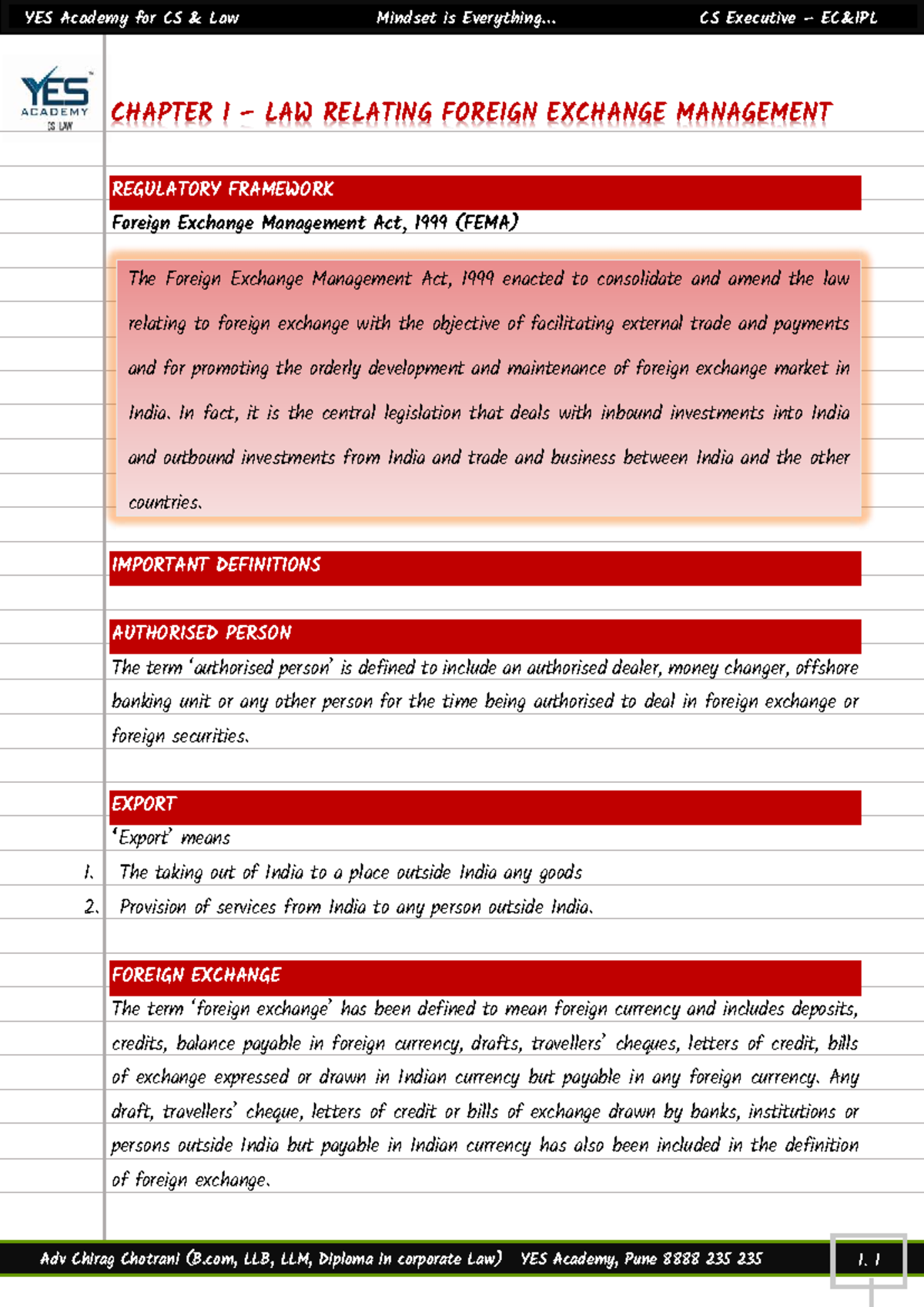 YES Academy CS Executive CHAPTER 1: Foreign Exchange Management Act ...