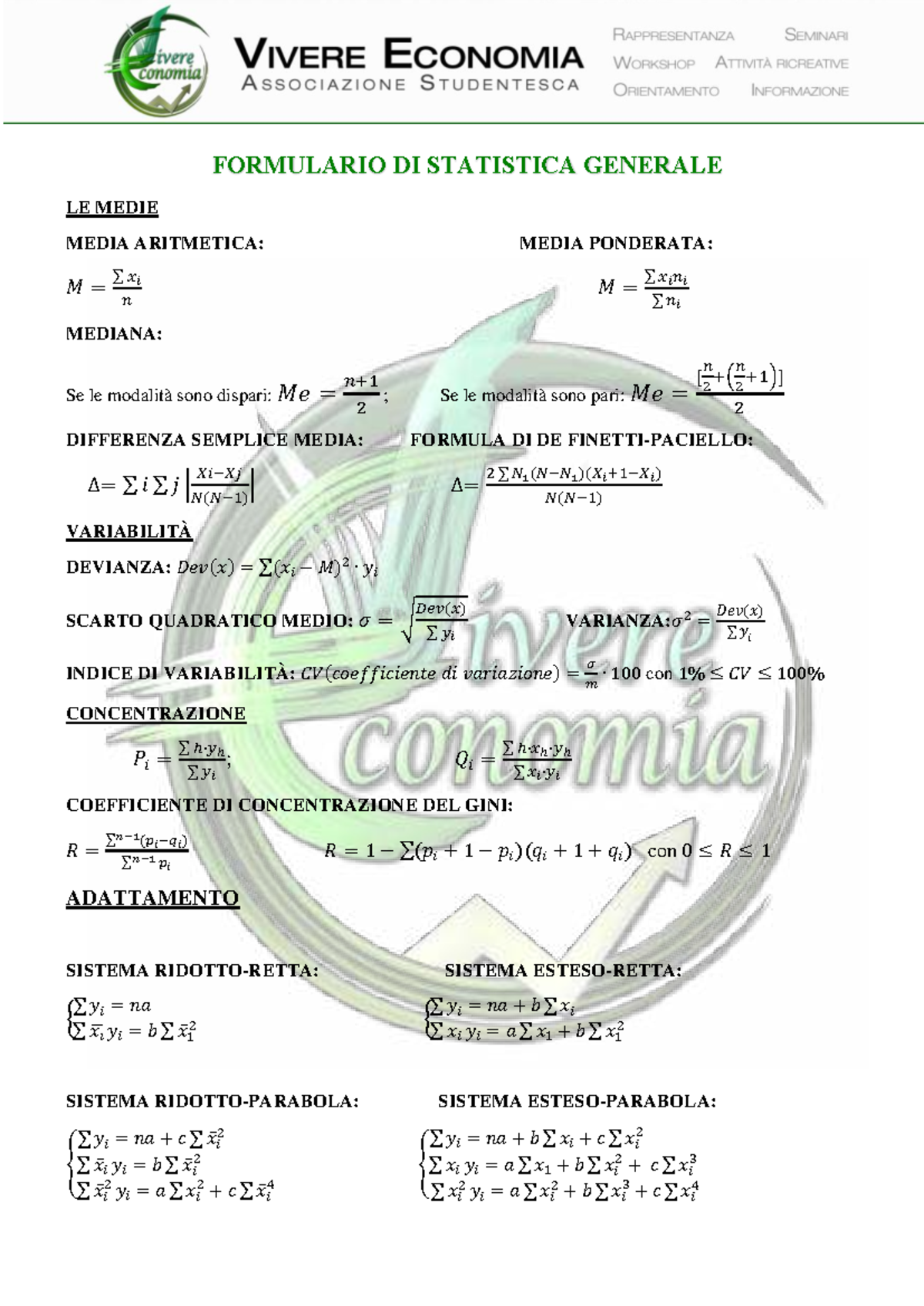 Formulario Statistica Generale - FORMULARIO DI STATISTICA GENERALE LE ...