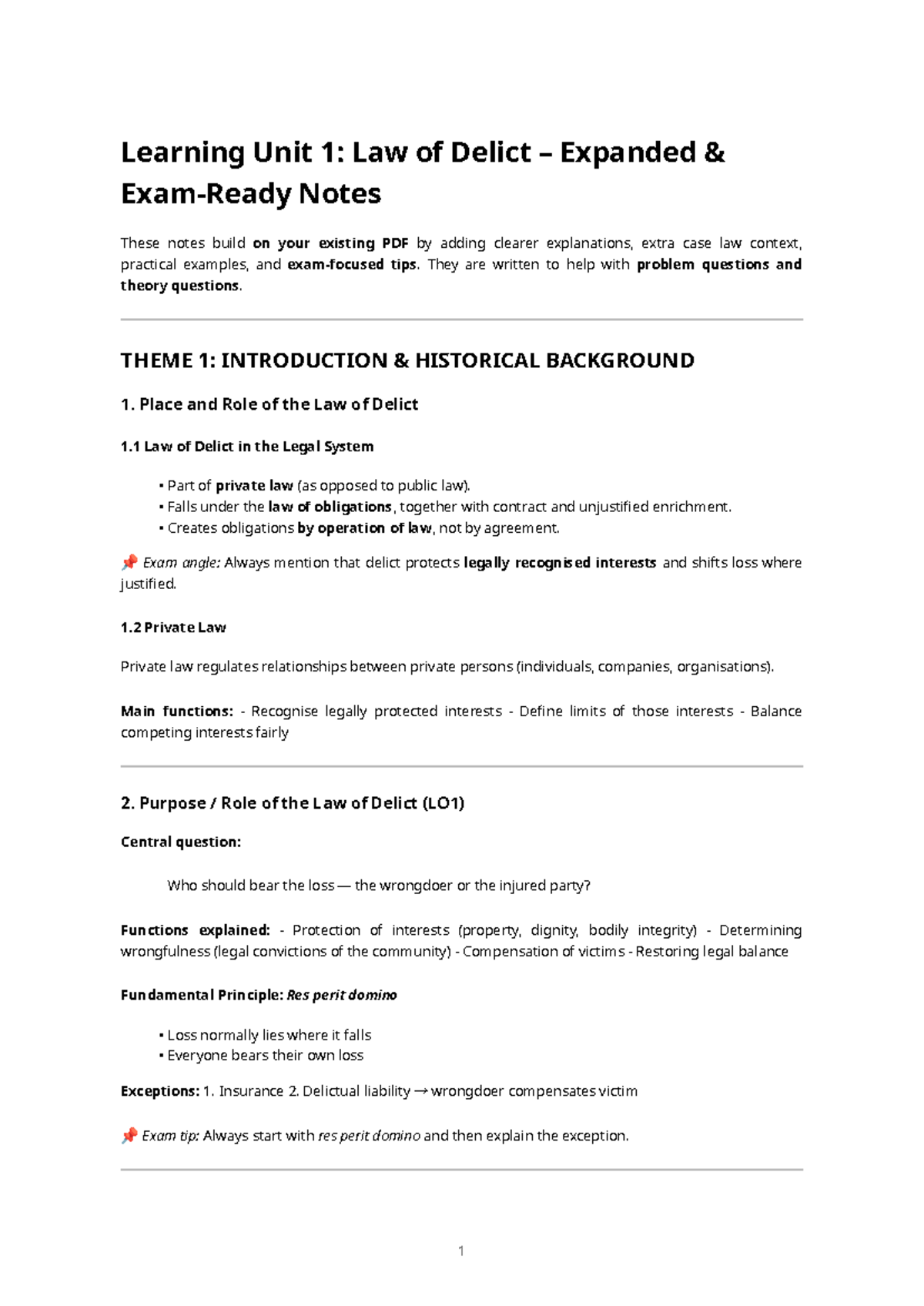 Learning Unit 1: Law of Delict - Expanded & Exam-Ready Notes - Studocu