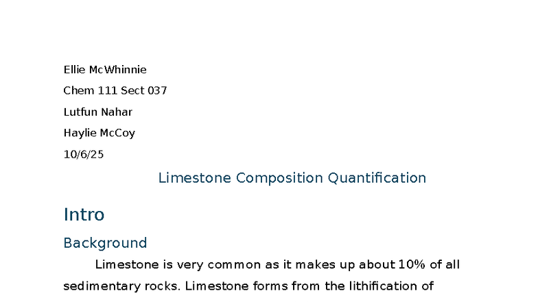 Chem 111 Lab Report 4: Limestone Composition Analysis - Studocu