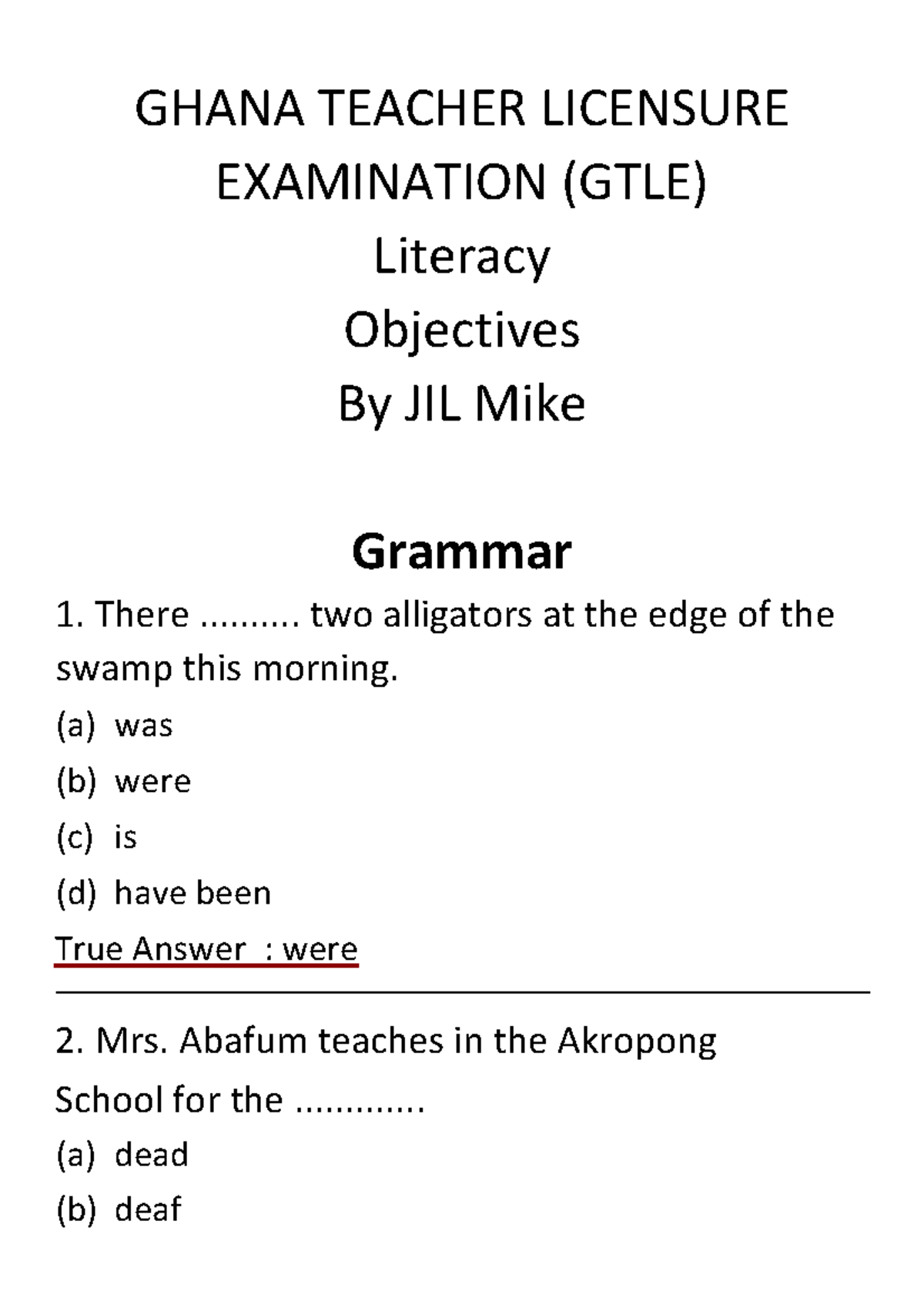 GTLE Literacy - Multiple Choice Questions for Exam Preparation - Studocu