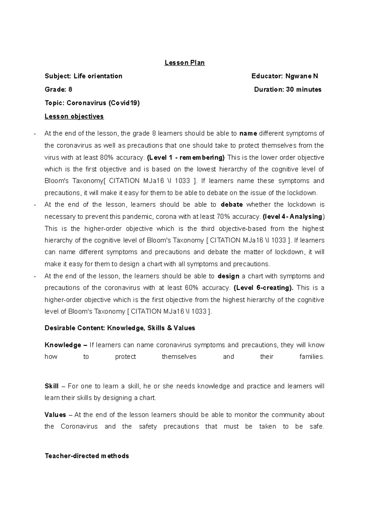 Grade 8 Life Orientation Lesson Plan: Understanding Coronavirus - Studocu