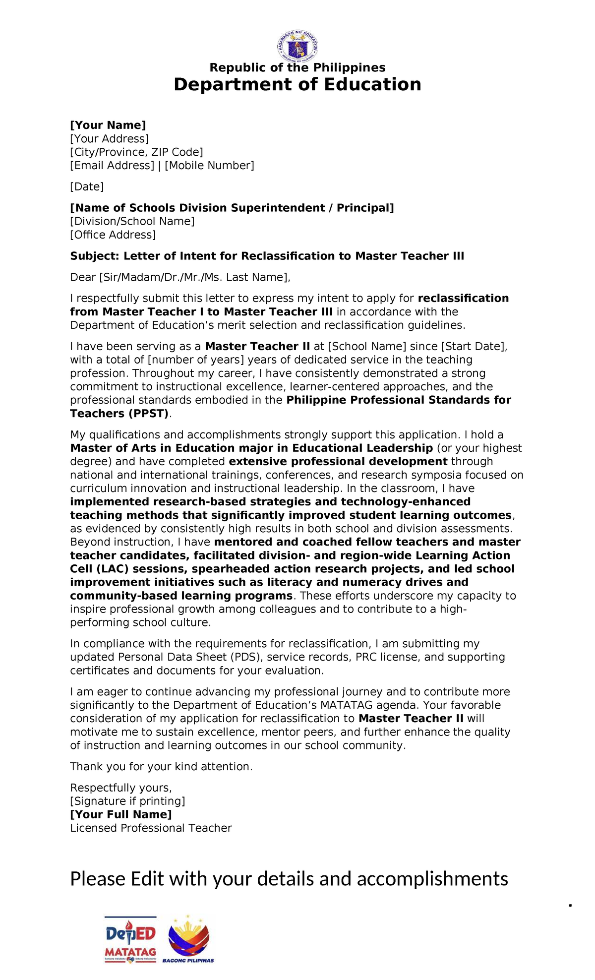 Intent Letter for Reclassification to Master Teacher II - MAT 101 - Studocu