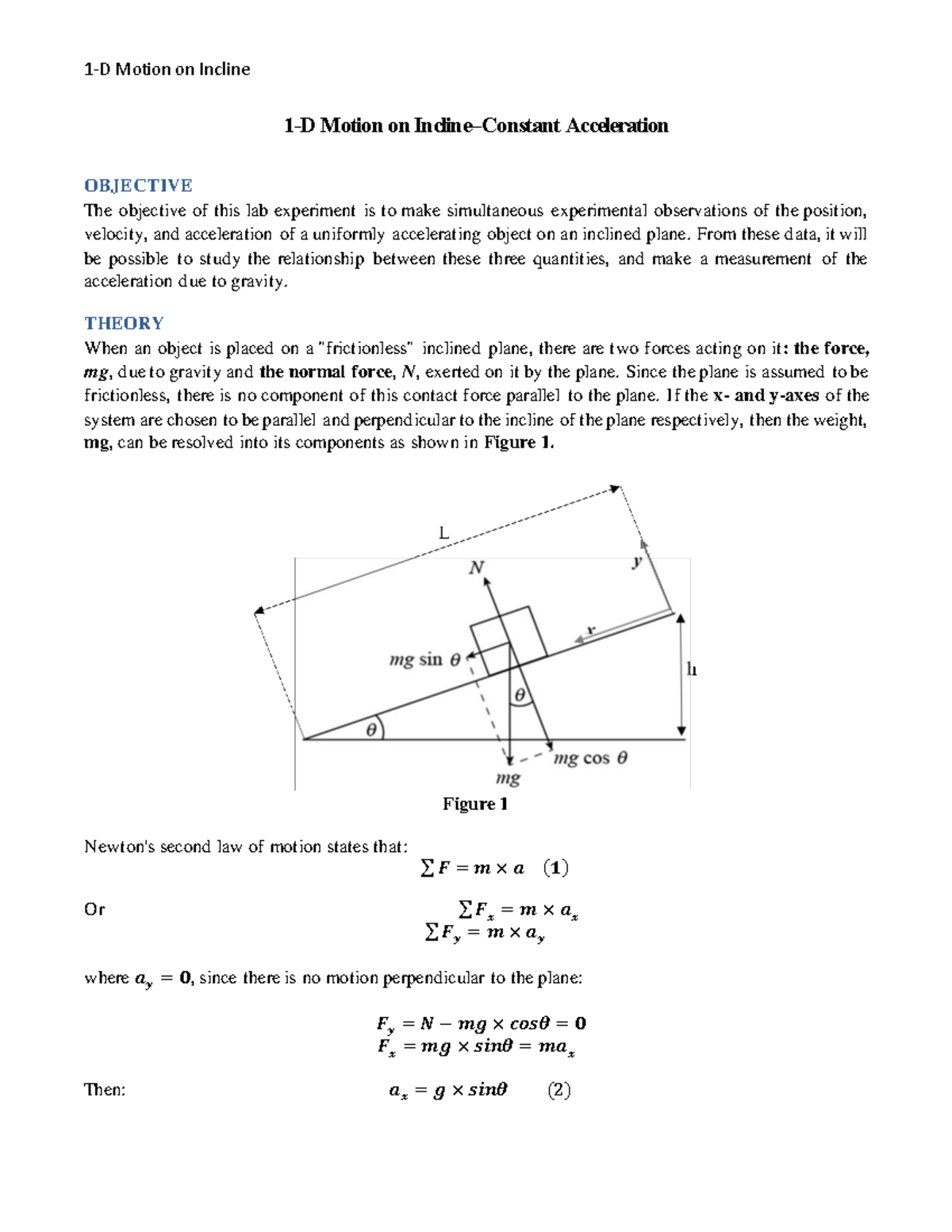Physics 101 Lab 2: 1-D Motion on Incline Experiment Report - Studocu