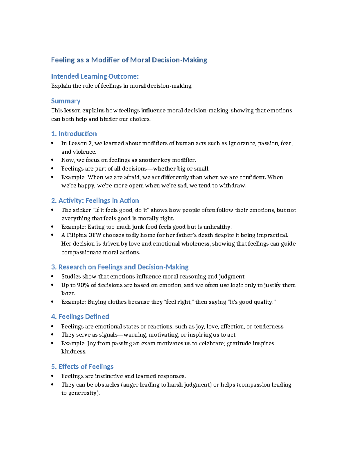 Feeling as a Modifier of Moral Decision Making: Lesson Summary - Studocu
