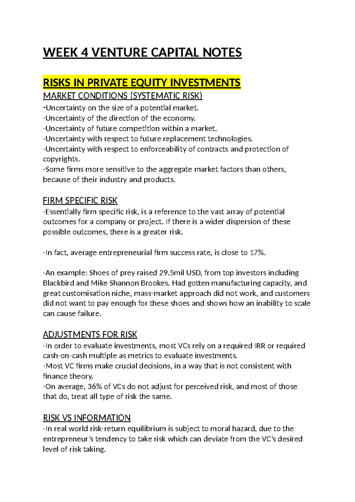 WEEK 4 Venture Capital Notes - WEEK 4 VENTURE CAPITAL NOTES RISKS IN ...