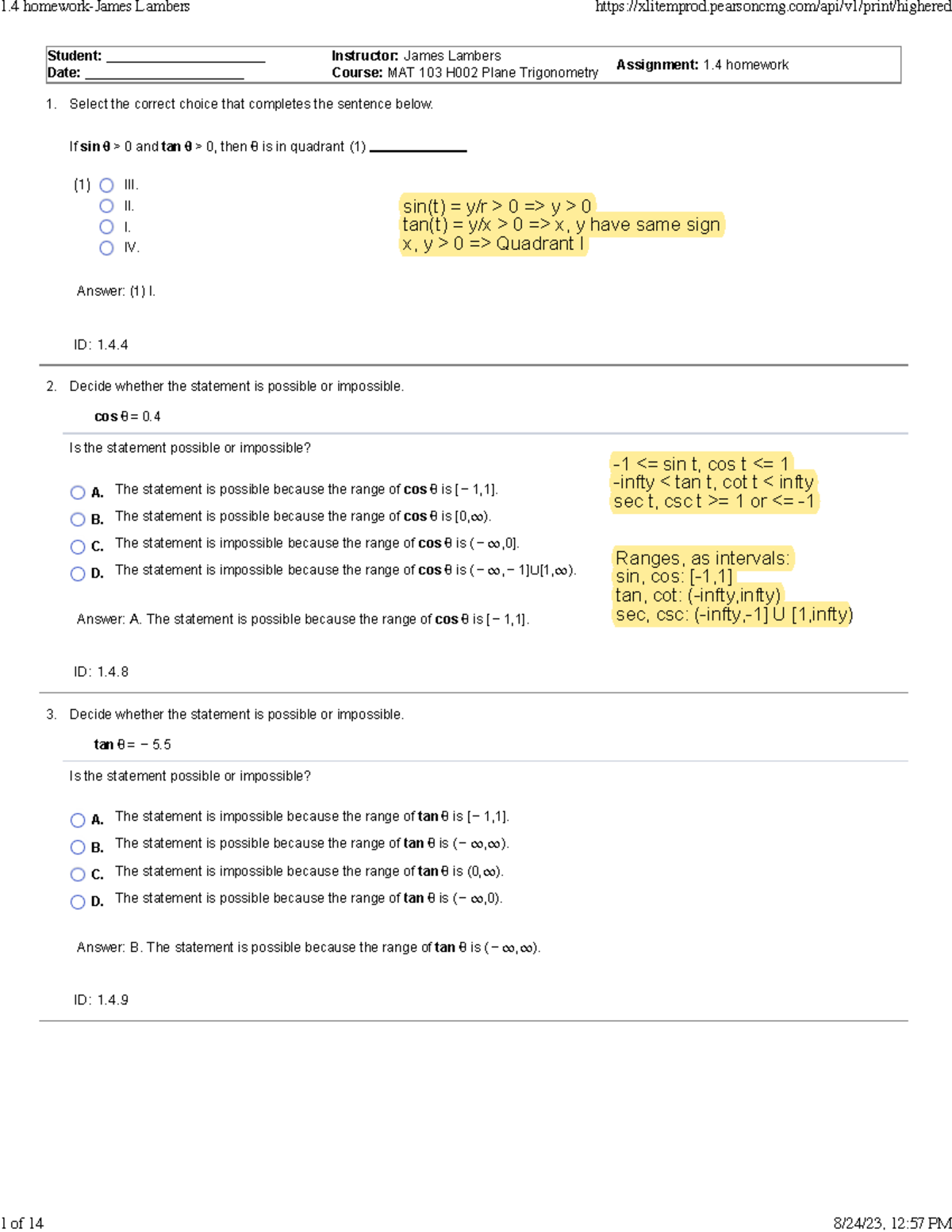 MAT 103 H002 Plane Trigonometry - 1.4 Homework Assignment Solutions - 1 ...