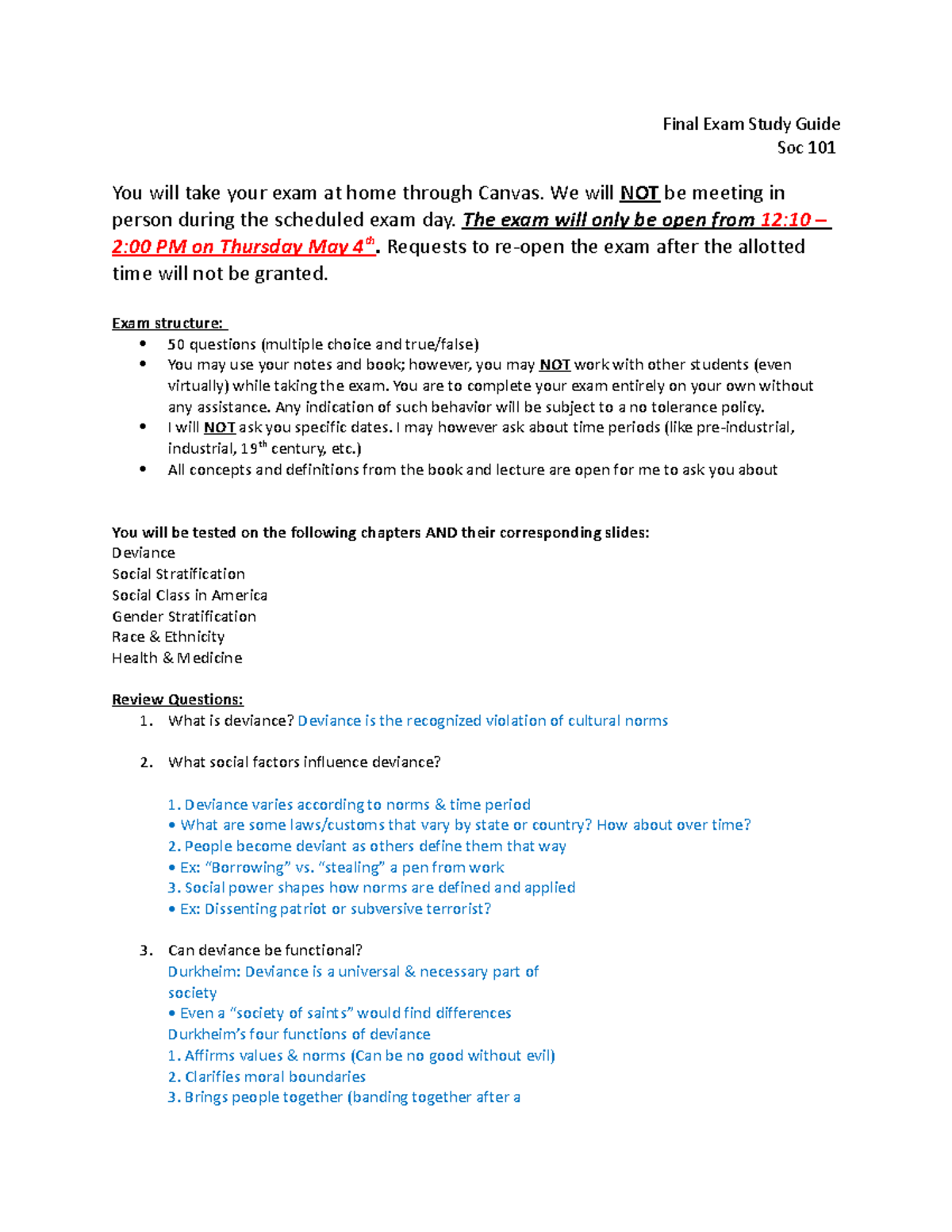 Final exam study guide - Final Exam Study Guide Soc 101 You will take ...