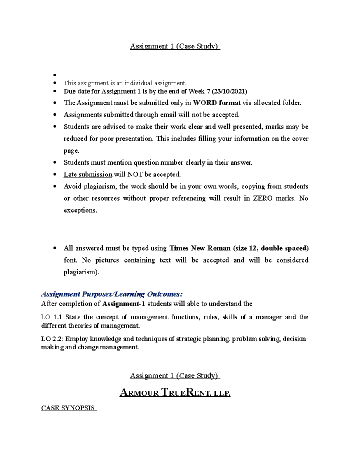 Assignment 1 (Case Study): Analysis of Armour TrueRent, LLP. - Studocu