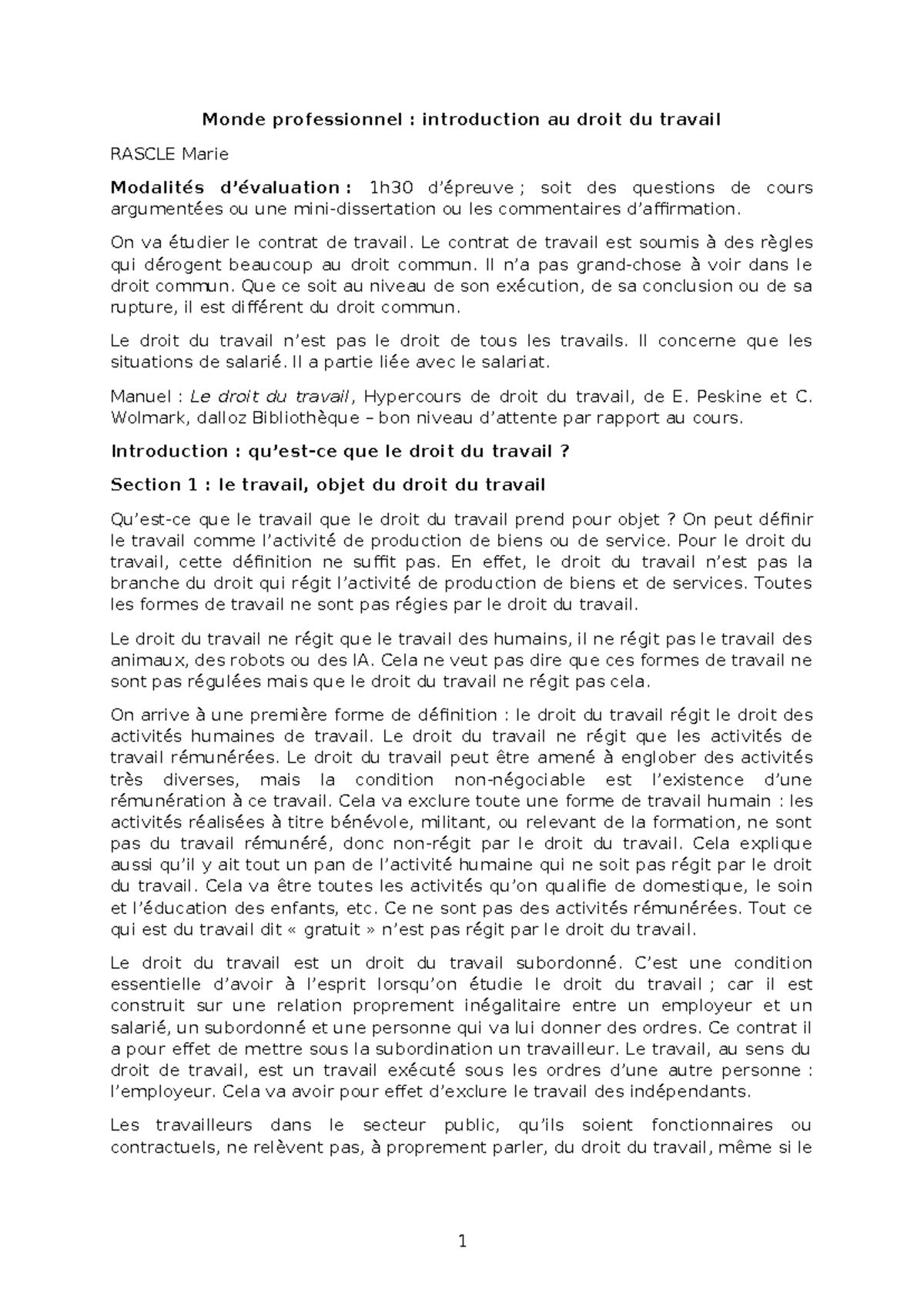 CM - Droit du Travail : Introduction et Concepts Fondamentaux - Studocu
