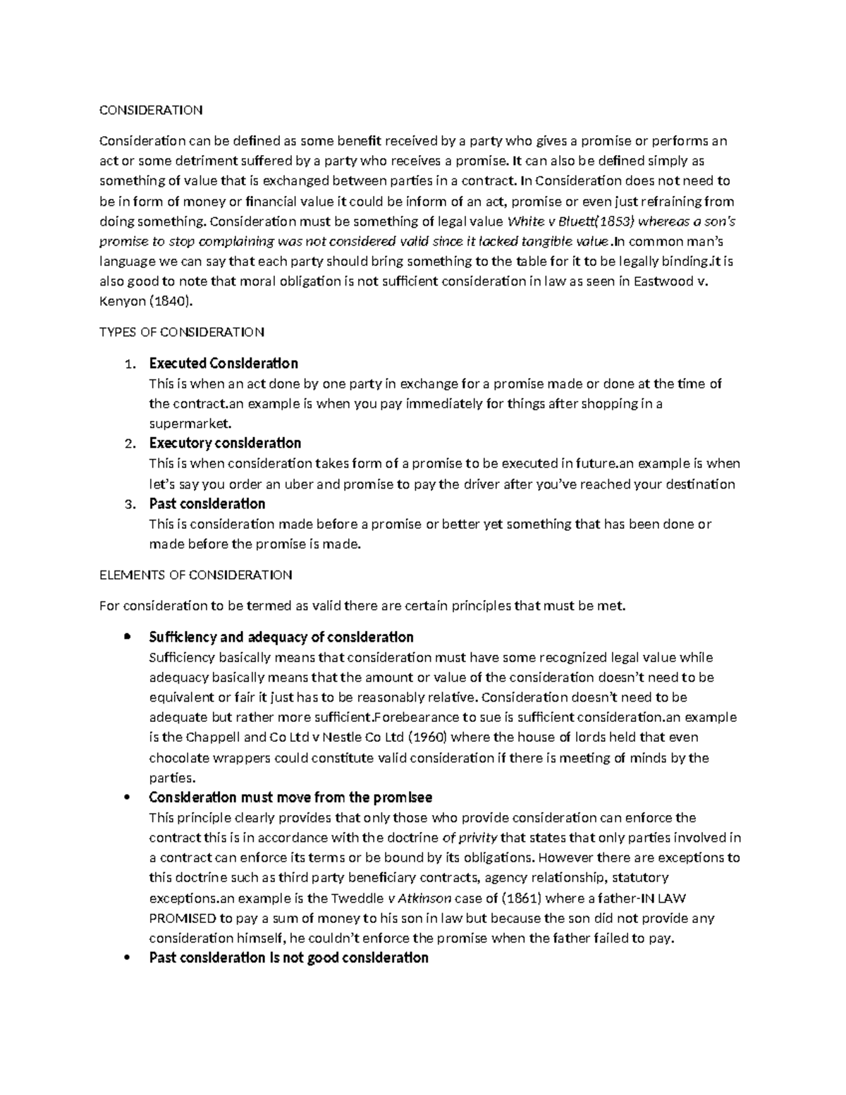 Consideration in contract law: definitions, types, and principles - Studocu