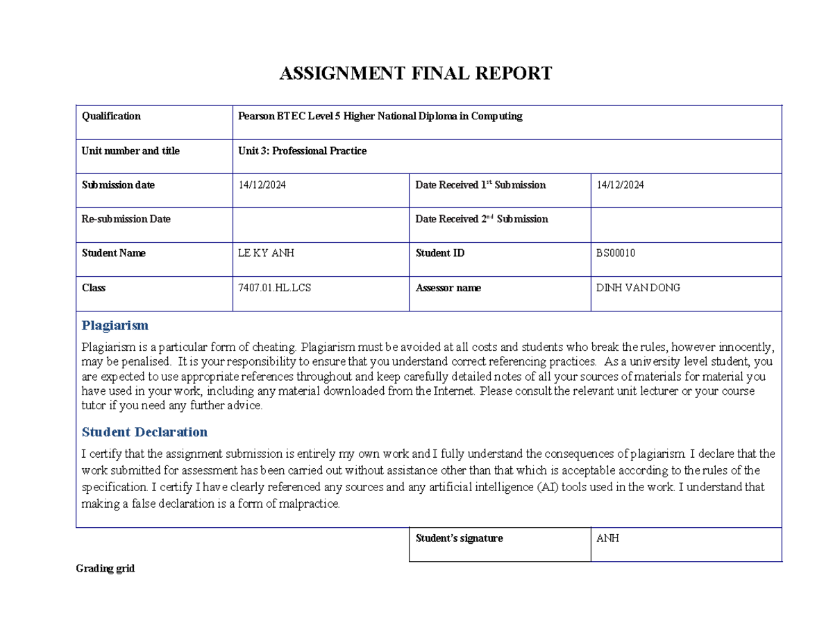 ASM1 Final Report on Professional Practice by LE KY ANH1 - Studocu