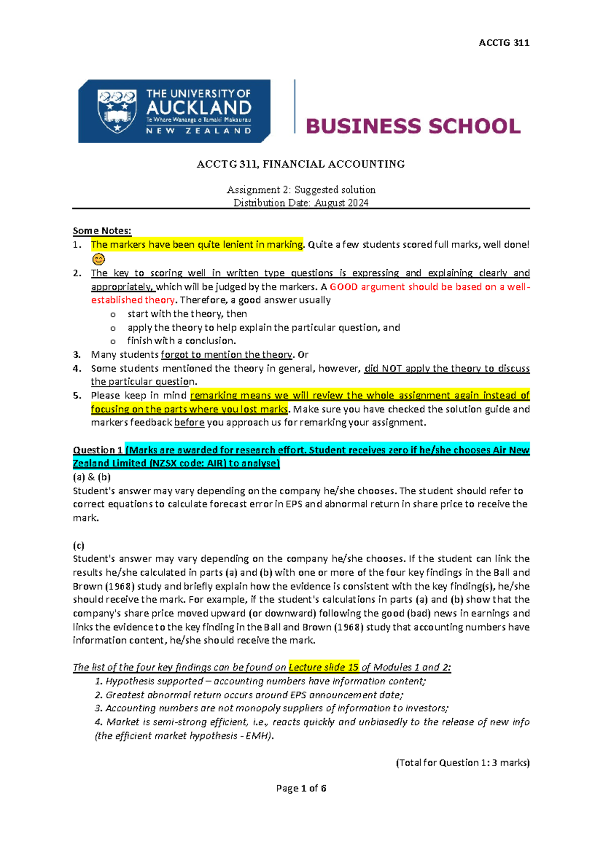 ACCTG 311 - Assignment 2 Solution Analysis with Marker Feedback, S2 ...