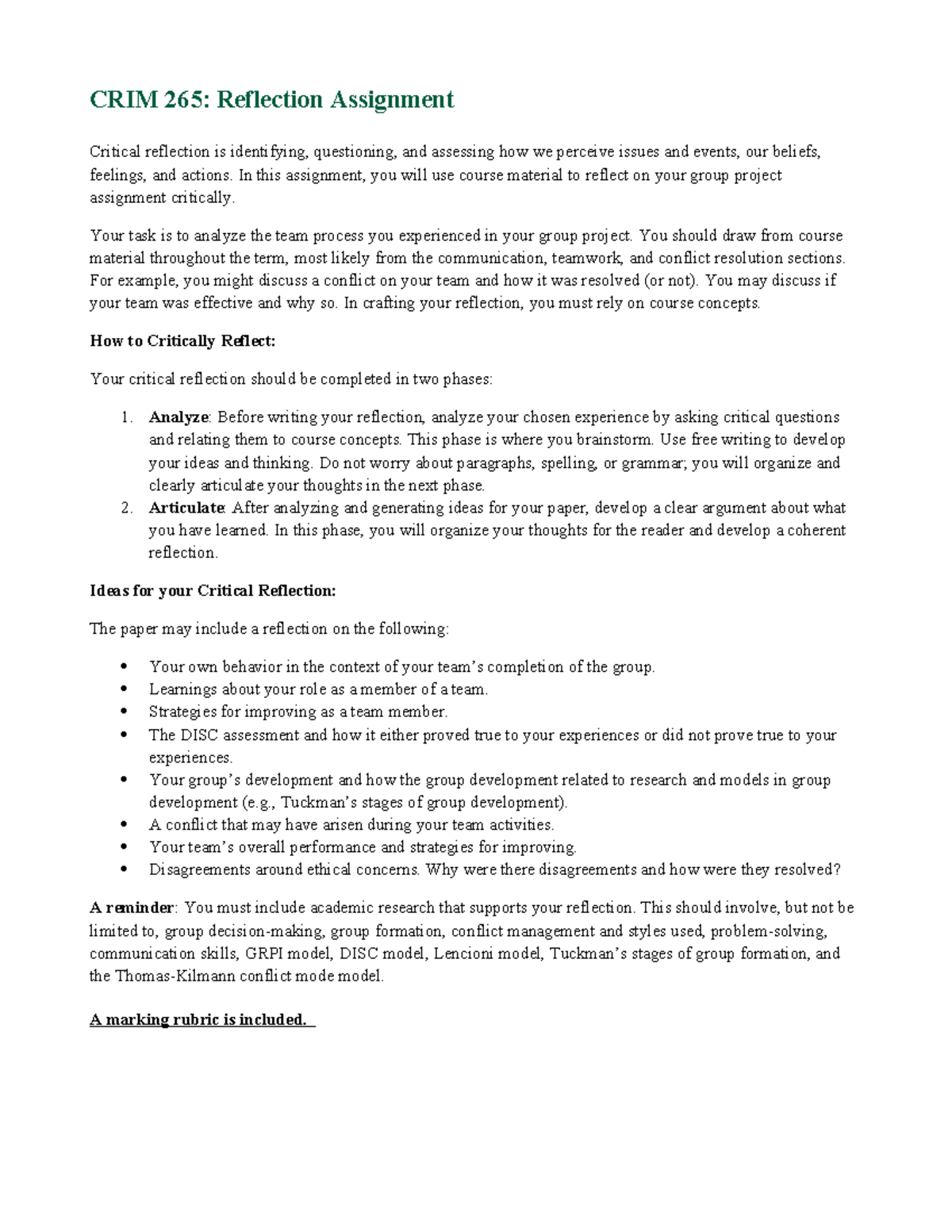 CRIM 265: Critical Reflection Assignment on Group Project Dynamics ...