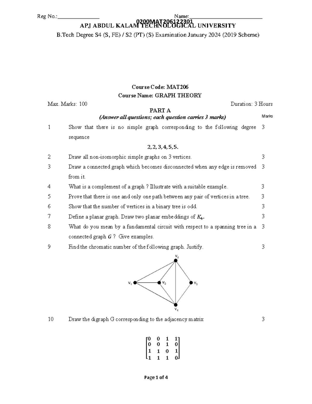 MAT206-QP: Graph Theory Exam Paper - Jan 2024 - Studocu
