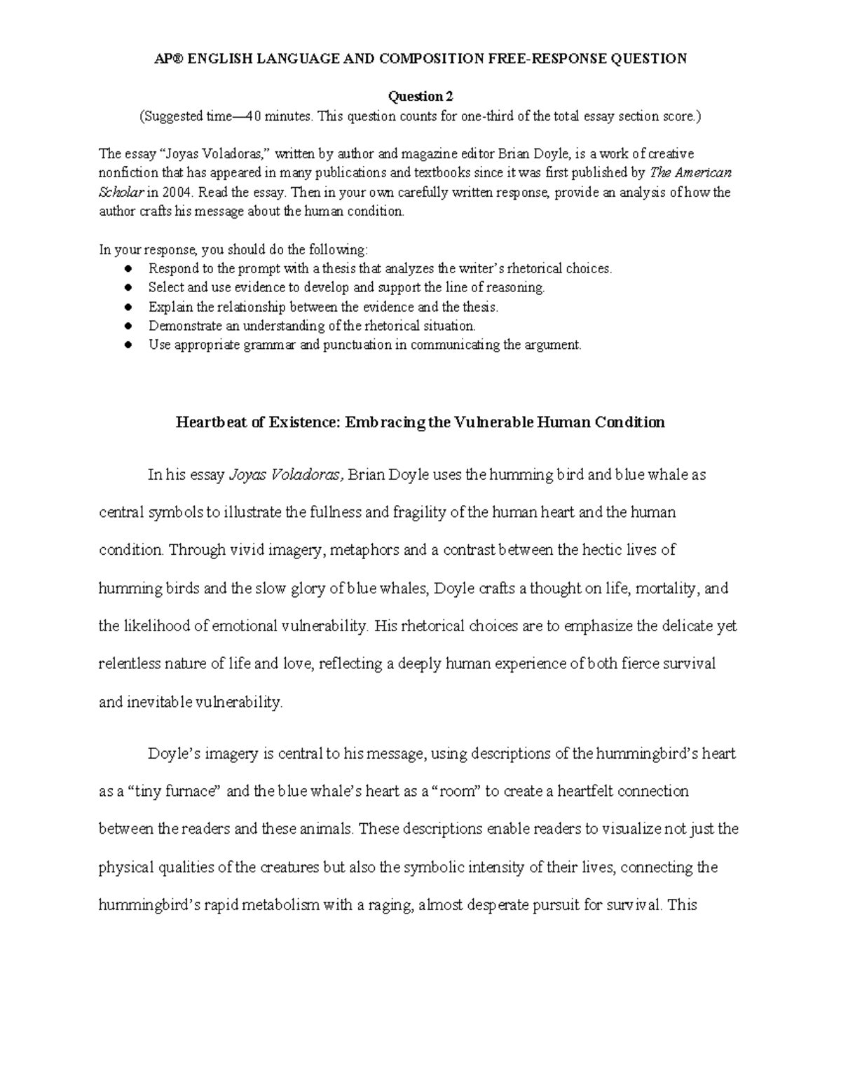 FRQ2 Analysis of Brian Doyle's "Joyas Voladoras" - Human Condition ...