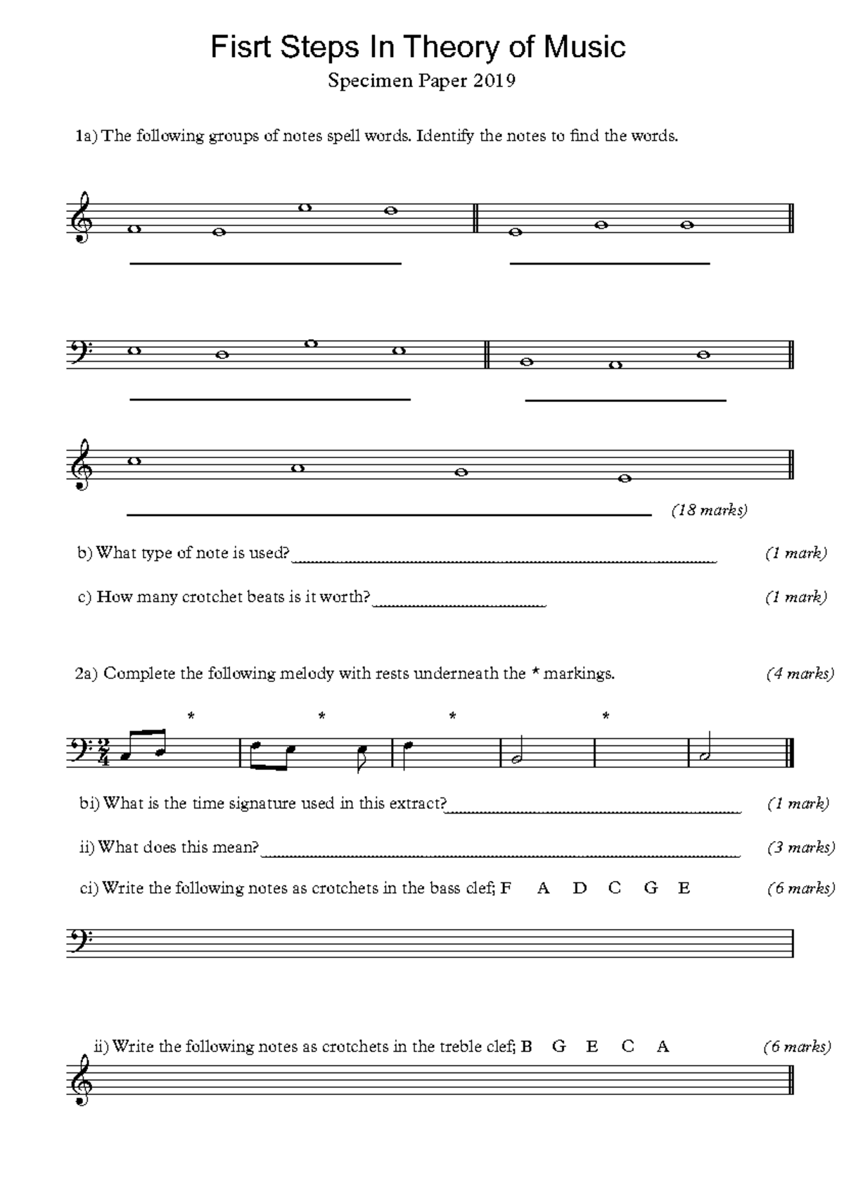 VCM Specimen Paper - First Steps in Music Theory 2019 - Studocu