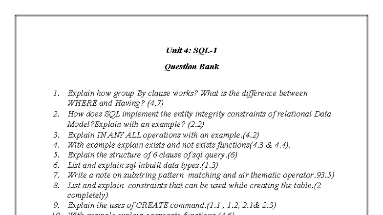 Unit 4: SQL Concepts and Question Bank (4.7, 2.2, 4.2, 4.3, 4.4, 6, 1.3 ...