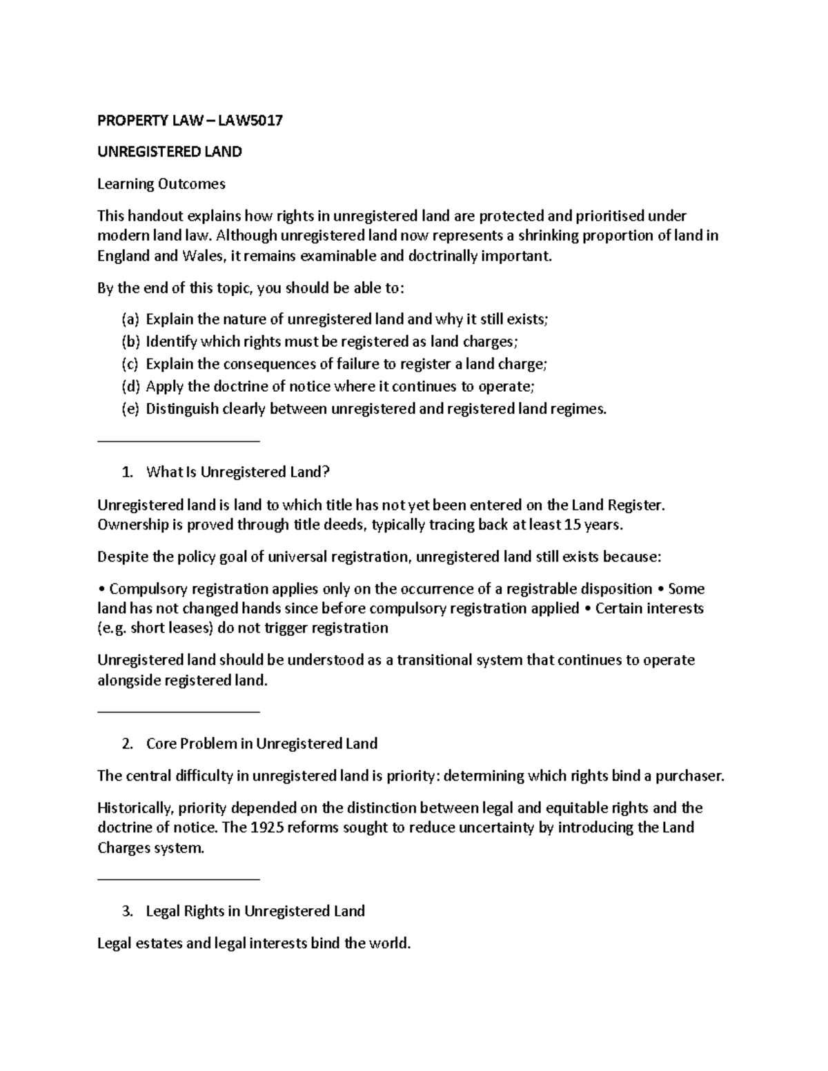 PROPERTY LAW LAW5017 UNREGISTERED LAND Overview and Key Concepts - Studocu
