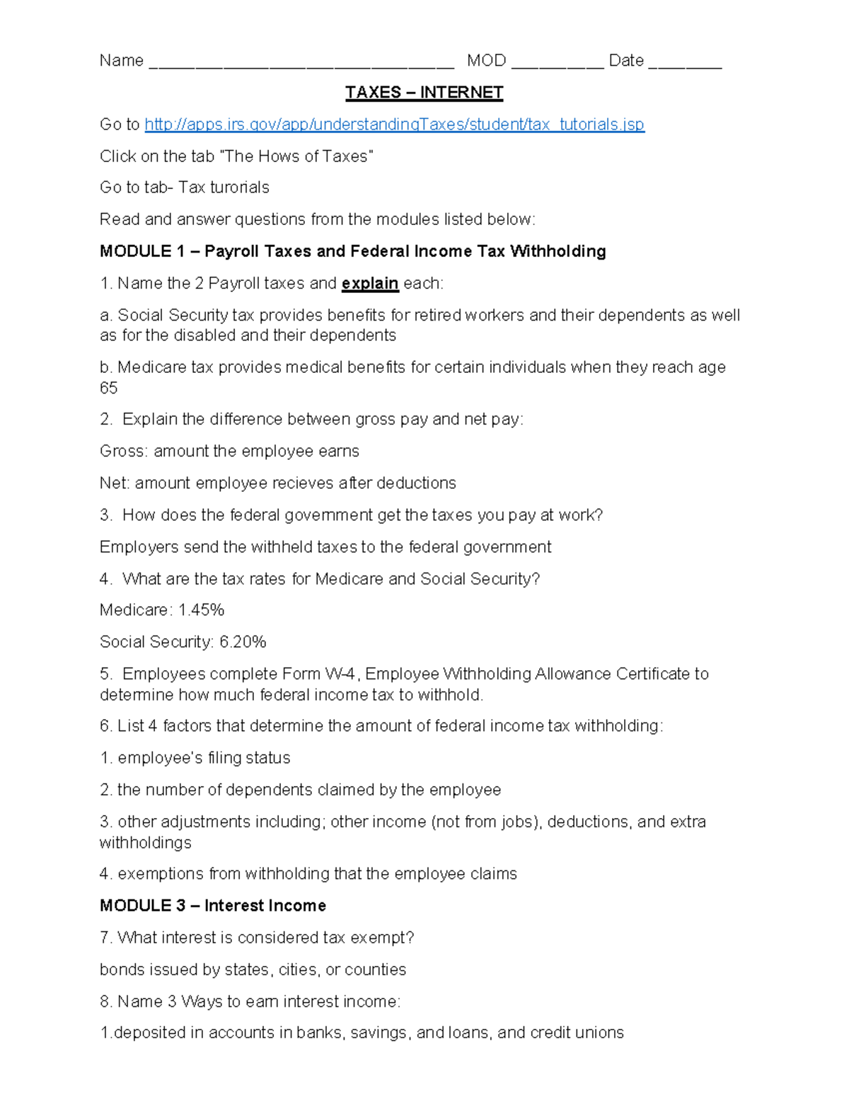 TAX 101: Payroll Taxes, Interest Income, and Exemptions Overview - Studocu