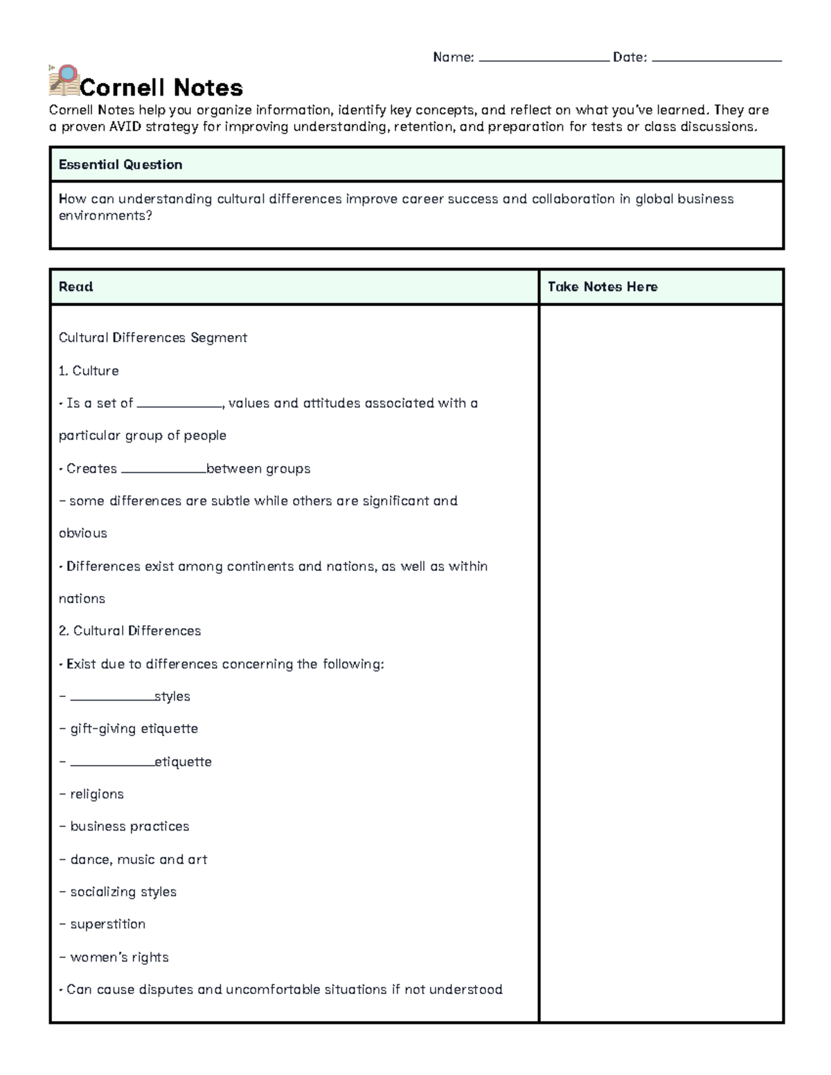 10-8 Cultural Differences: Cornell Notes for Global Business Success ...