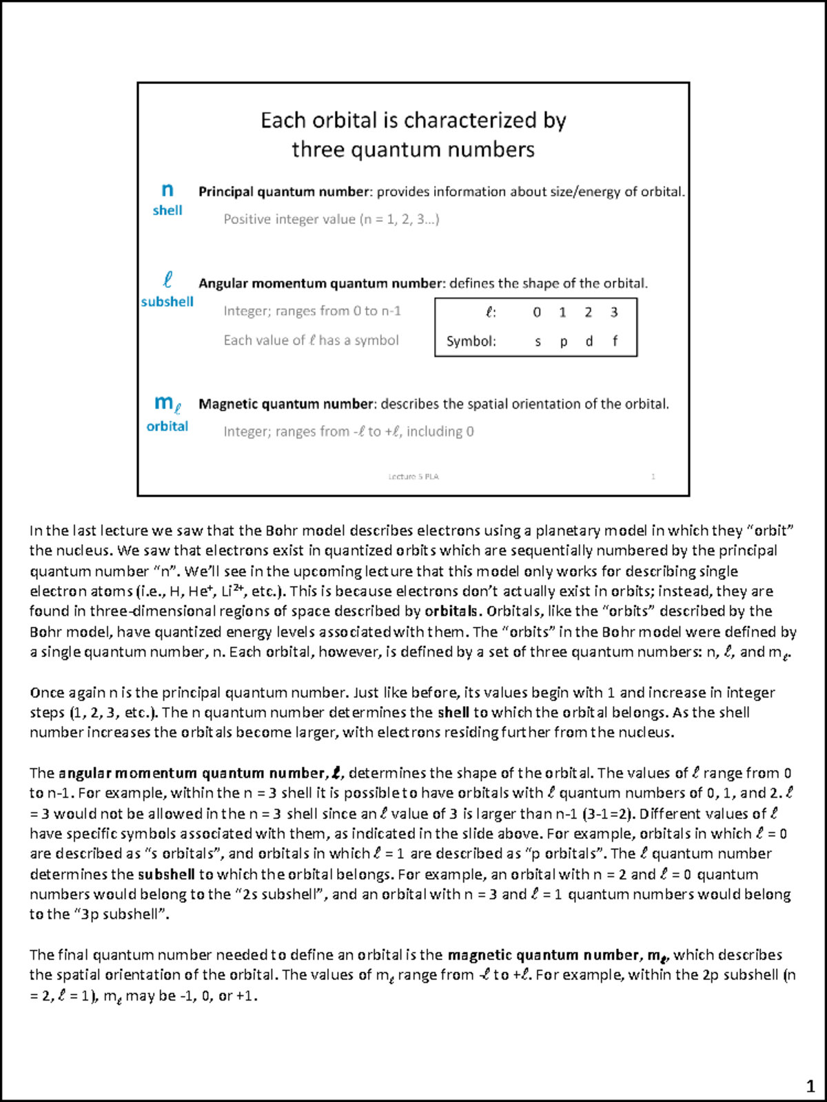 Lecture+5+PLA - PLA 5 - In the last lecture we saw that the Bohr model ...