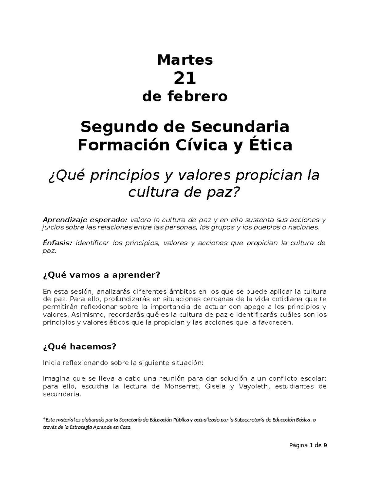 Secundaria 2° - FCyE: Principios y Valores para la Cultura de Paz - Studocu