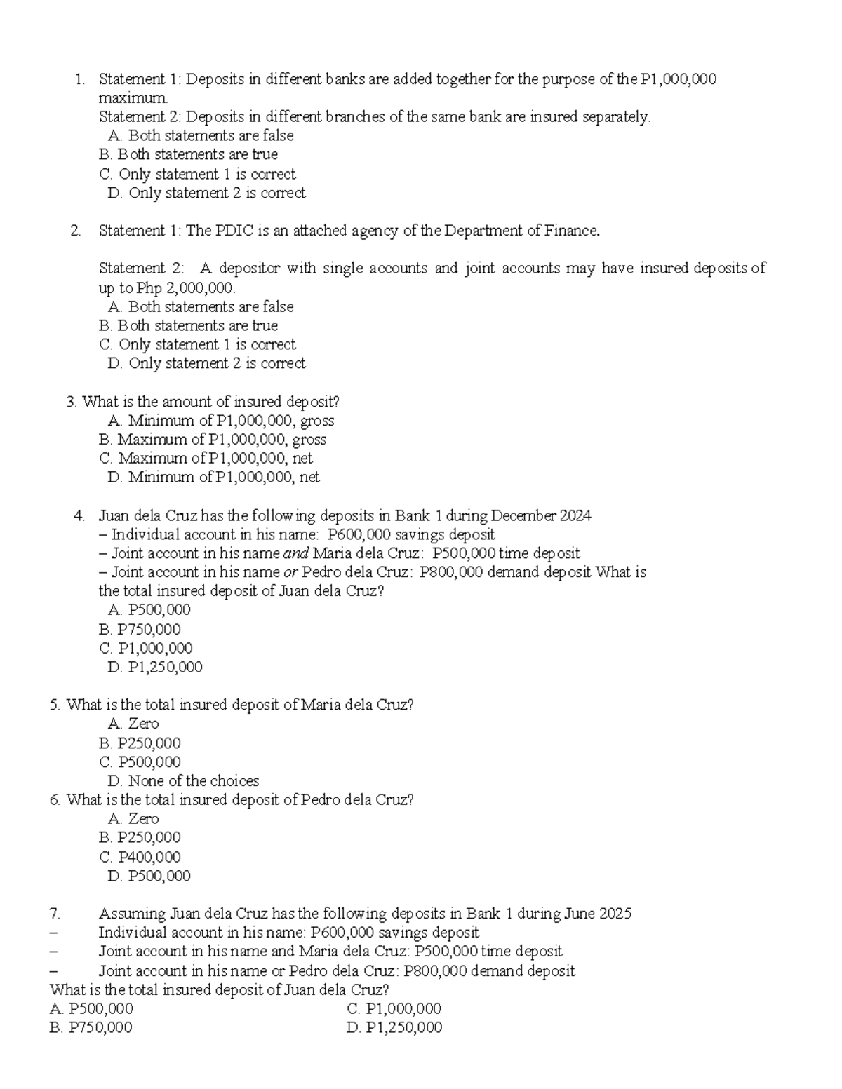 PDIC Sample Questions for Deposit Insurance Coverage Exam - Studocu