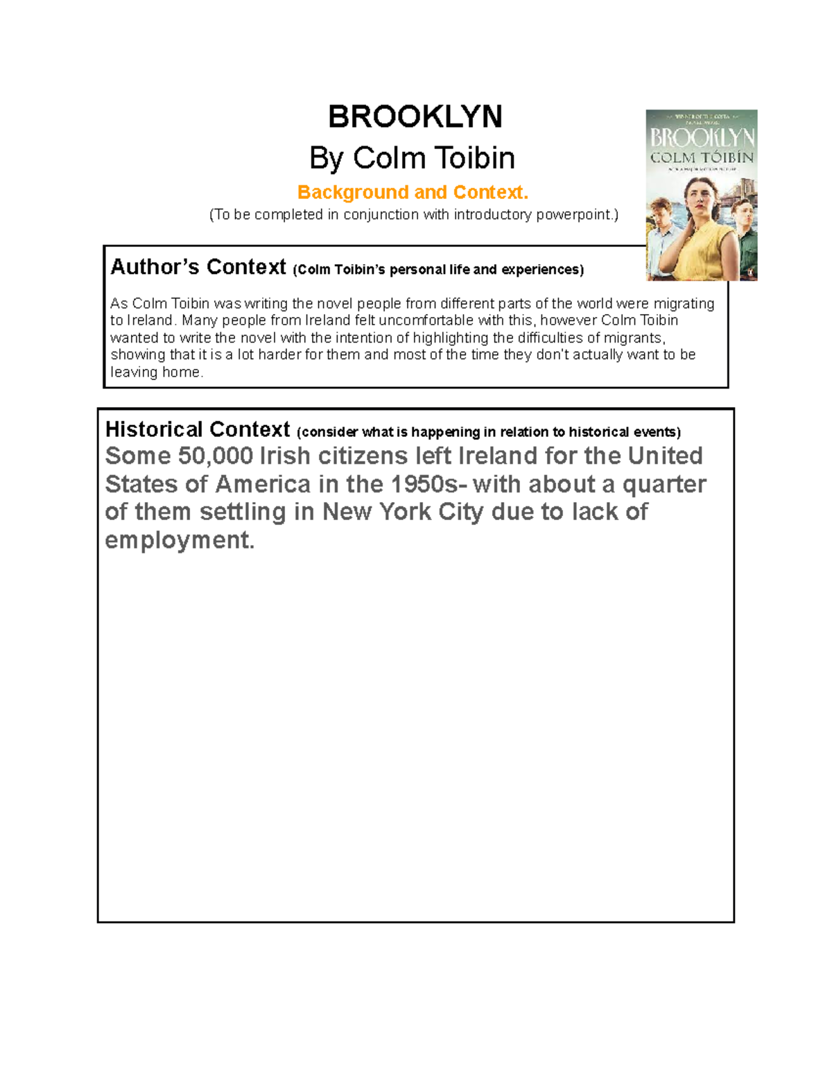 Brooklyn - Contextual Notes on Colm Toibin's Novel Insights - Studocu