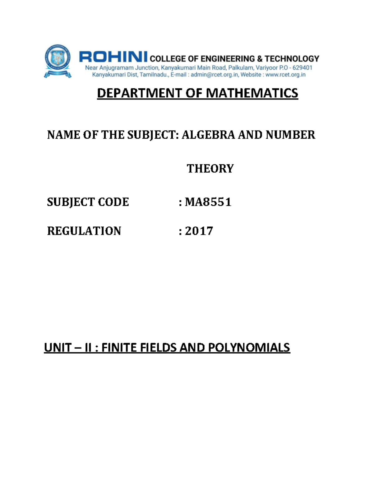 Unit - 2 - DEPARTMENT OF MATHEMATICS NAME OF THE SUBJECT: ALGEBRA AND ...