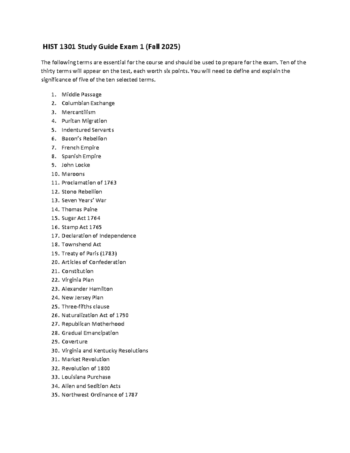 HIST 1301 Study Guide for Exam 1 (Fall 2025) – Key Terms & Essays - Studocu