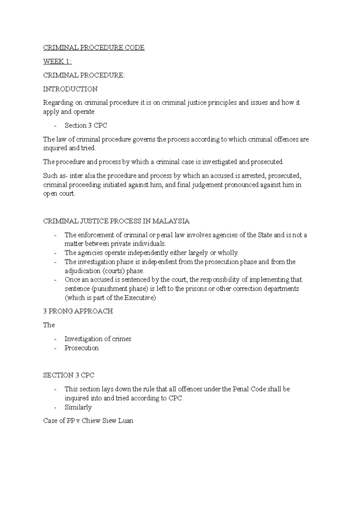 CPC Week 1 - Lecture notes 1 - CRIMINAL PROCEDURE CODE WEEK 1: CRIMINAL ...