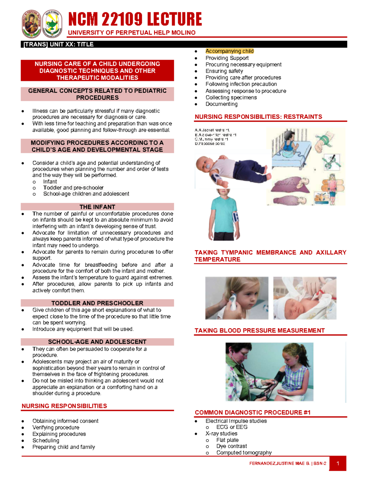 NCM 22109 Pediatric Care Notes: Diagnostic Techniques Overview - Studocu