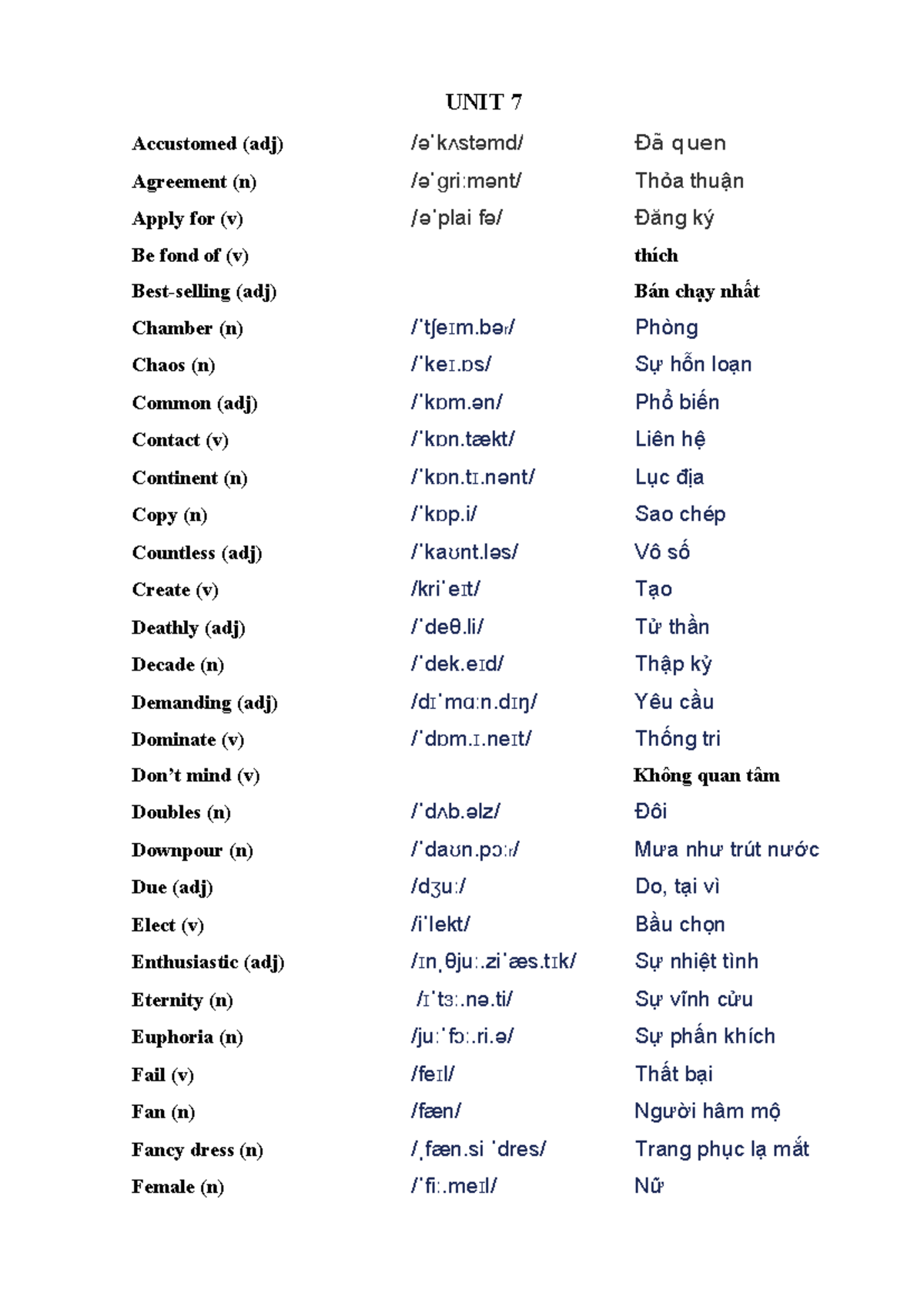 UNIT 7 - Vocabulary Wordlist for Language Learning - Studocu