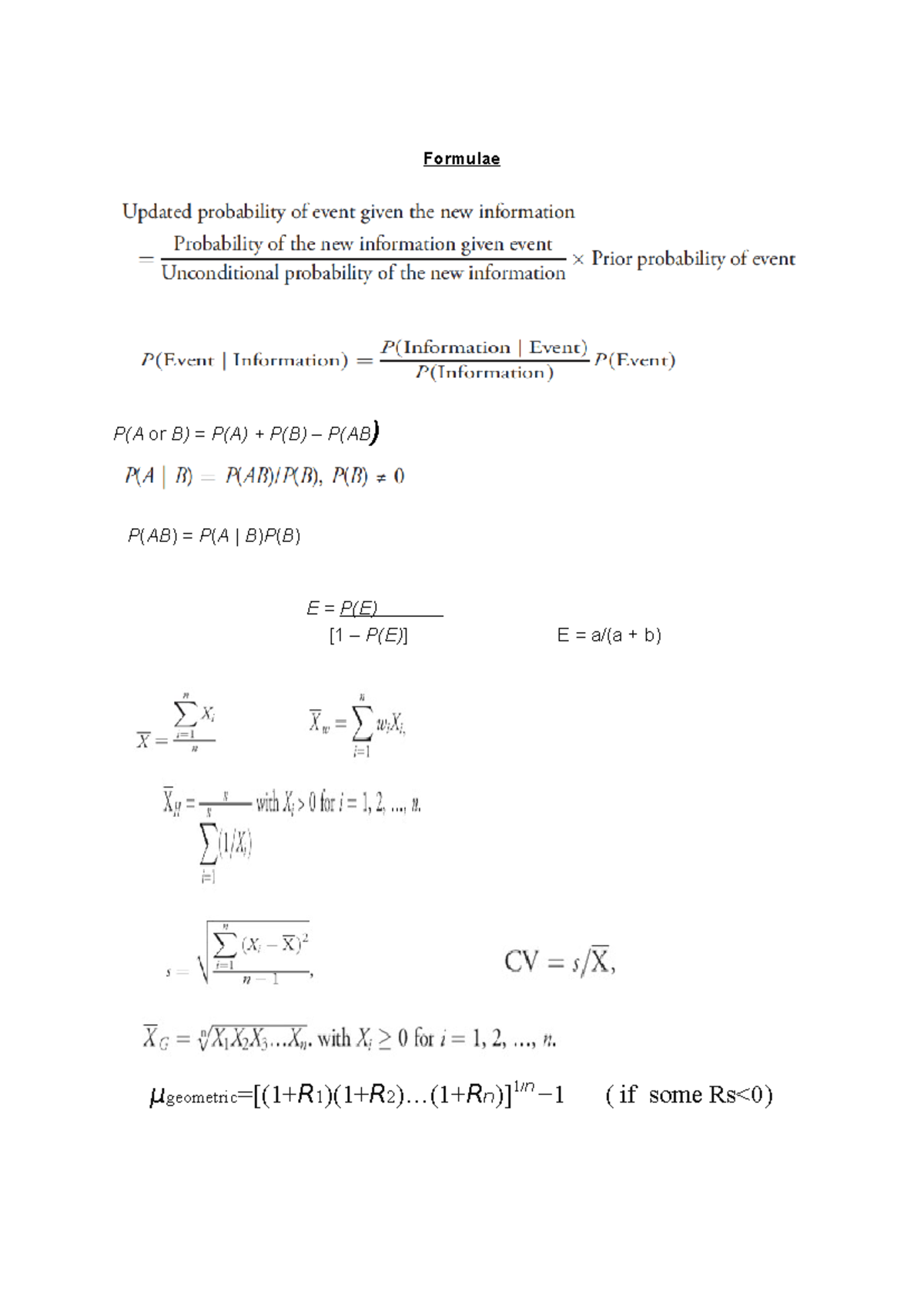 Formulae Test 1 - formula sheet for upcoming test - man305 - Formulae P ...