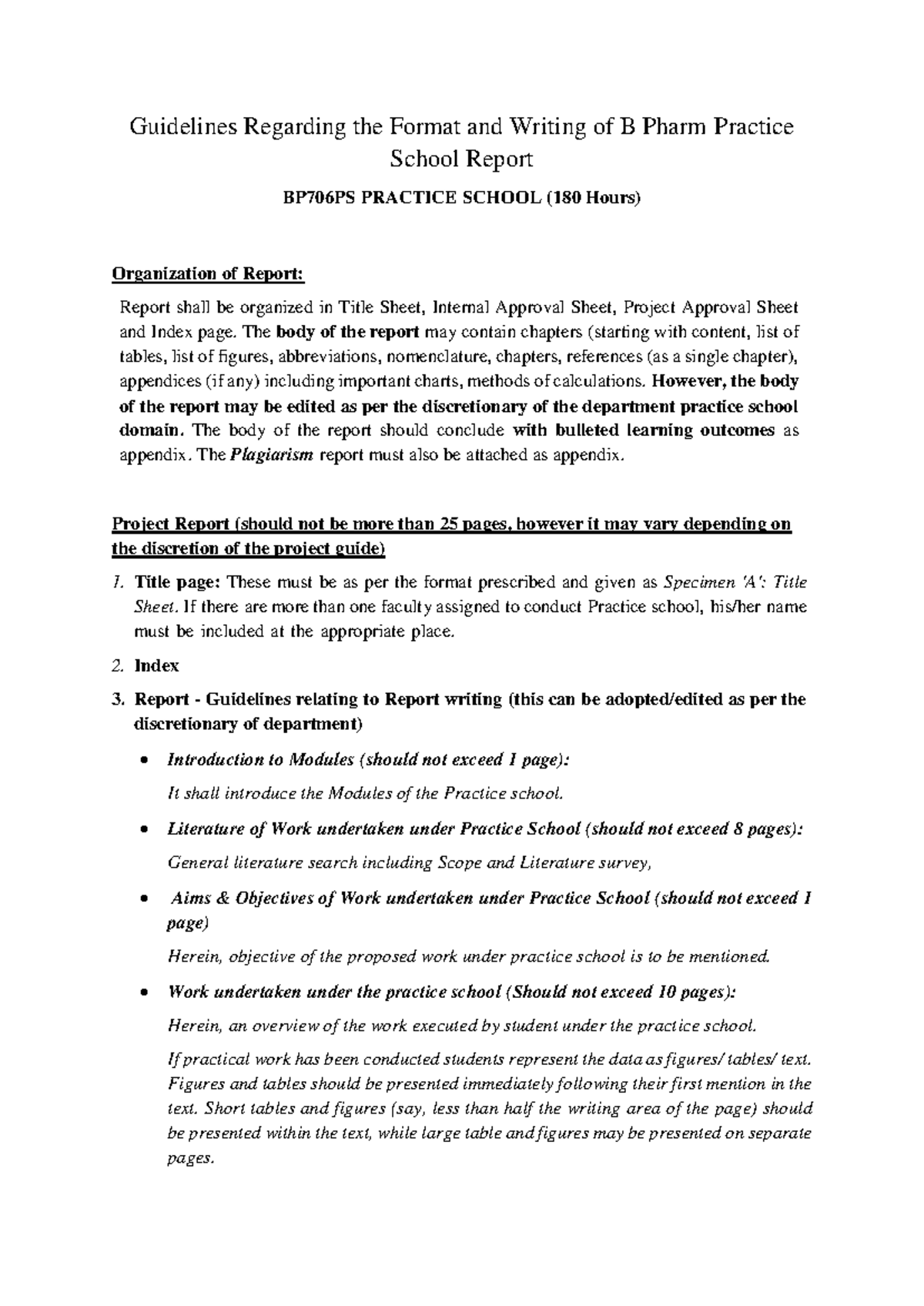 Guidelines for Writing B Pharm Practice School Report BP706PS - Studocu