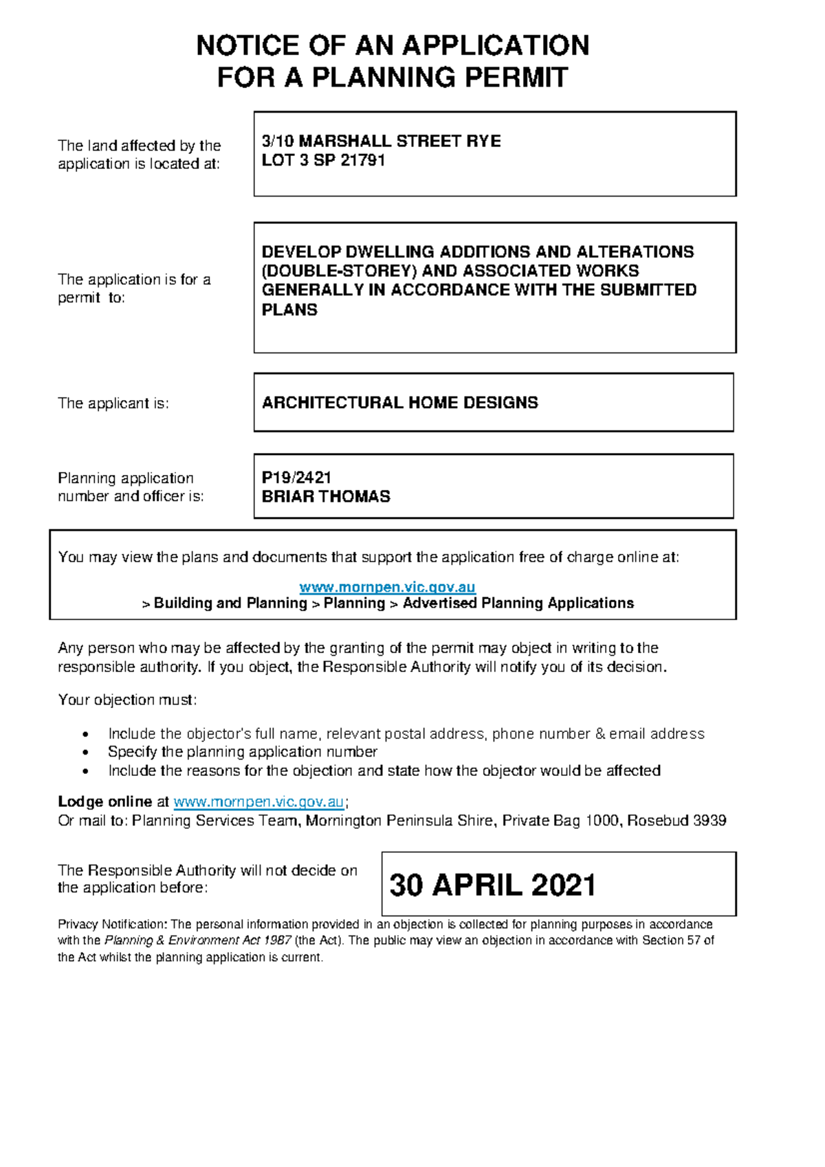 P19 Planning Permit Application for Dwelling Additions at 10 Marshall ...
