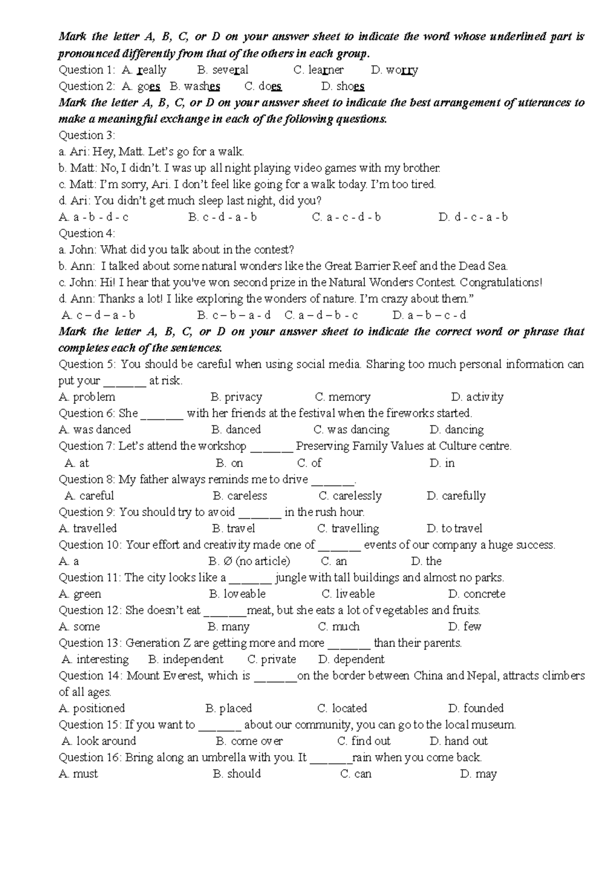 Pronunciation and Sentence Structure Practice - English 101 - Studocu