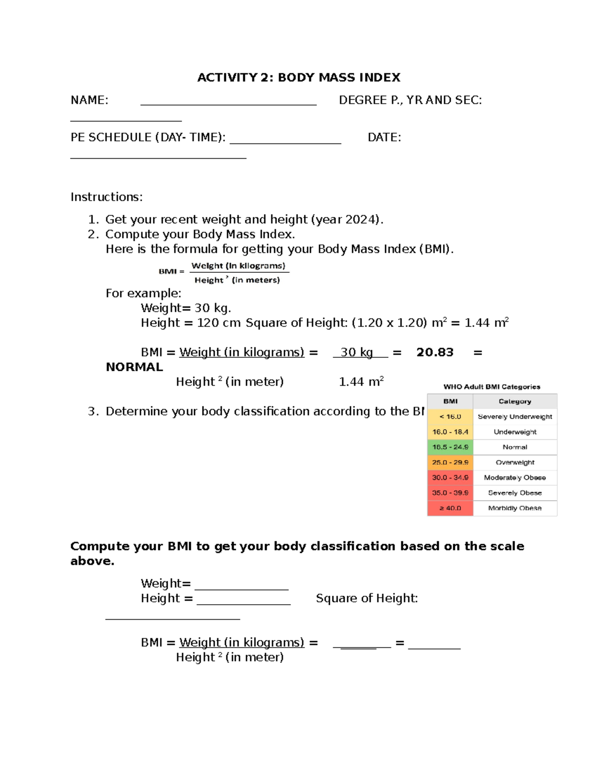 PE 3 ACT 2 - Body Mass Index Calculation and Classification Guide - Studocu