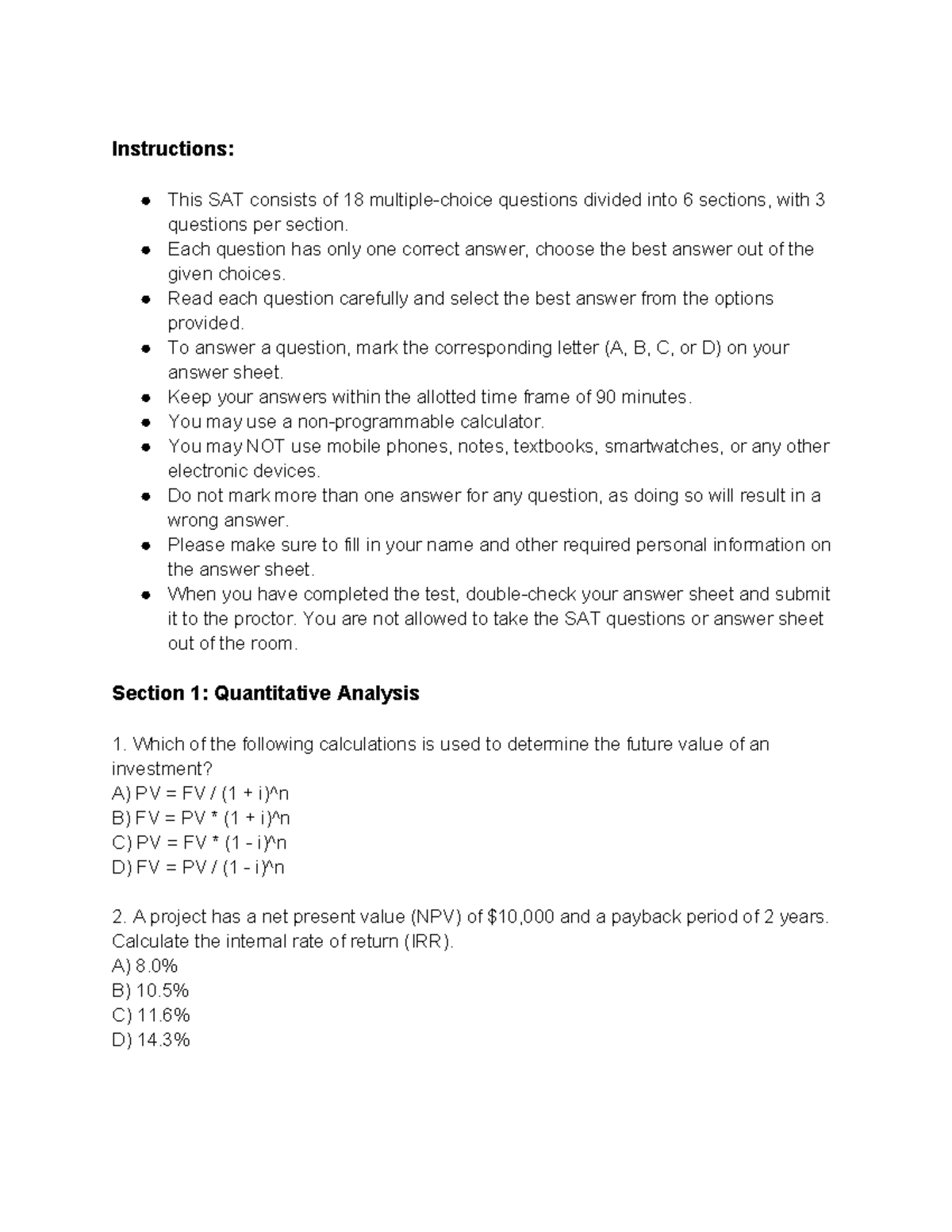 SAT Guidelines and Questions for FIN 501: Financial Decision-Making ...