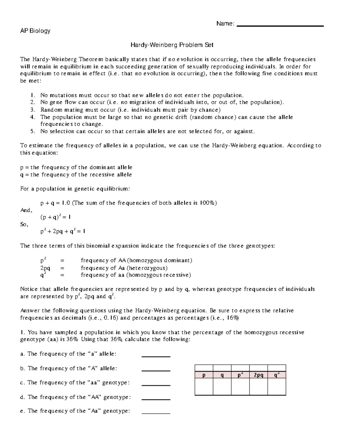 Hardy-Weinberg Problem Set (AP Biology) - Studocu