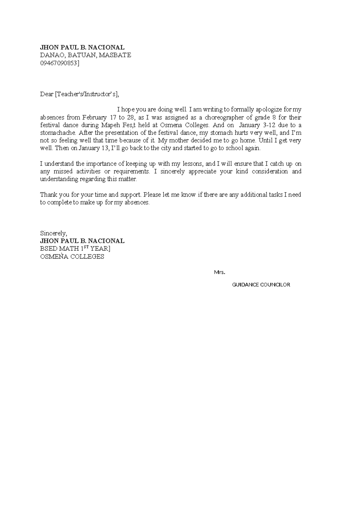 Apology Letter for Absences - BSED MATH 1st OSMEÑA COLLEGES - Studocu