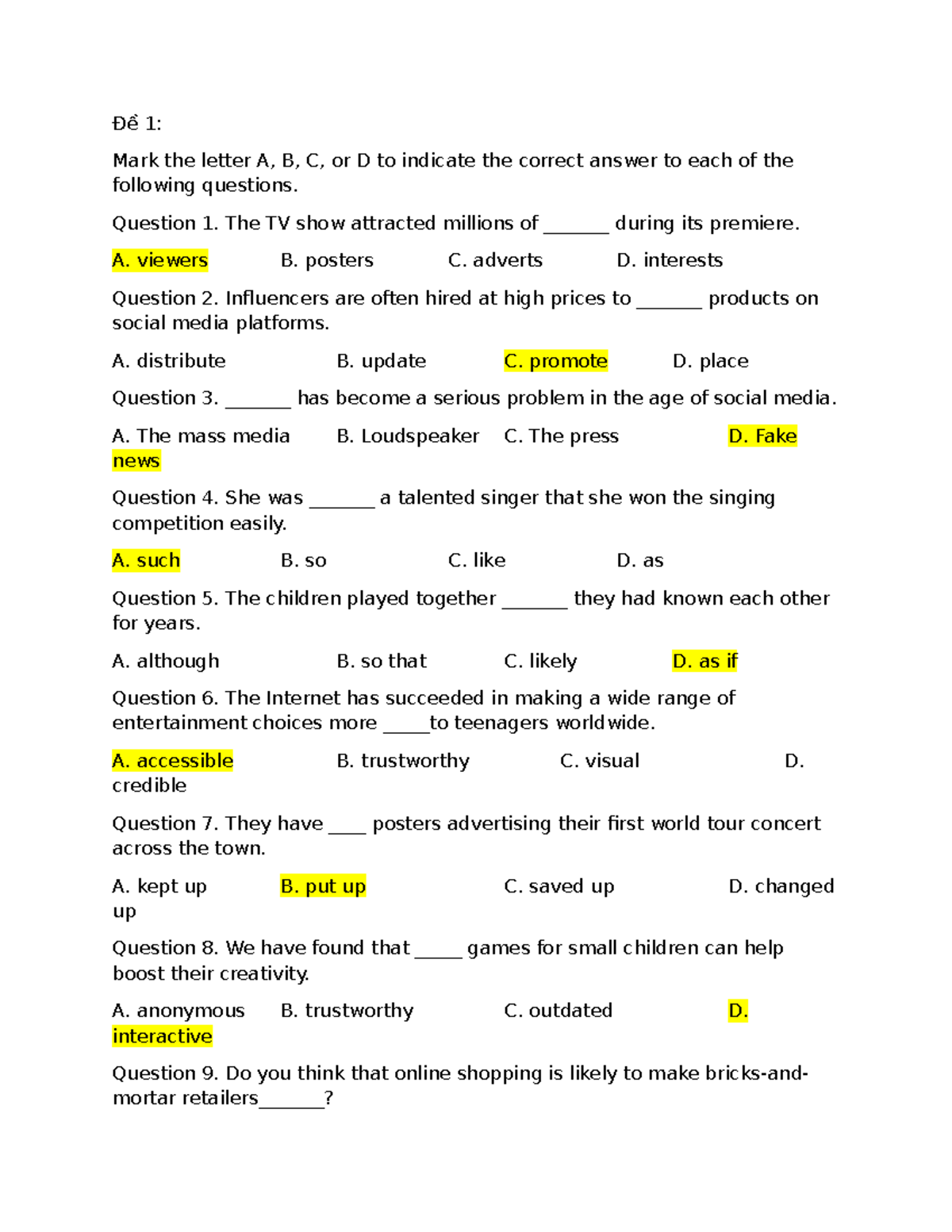 Đề 1 & 2: Multiple Choice Questions on Media & Communication (2345 ...