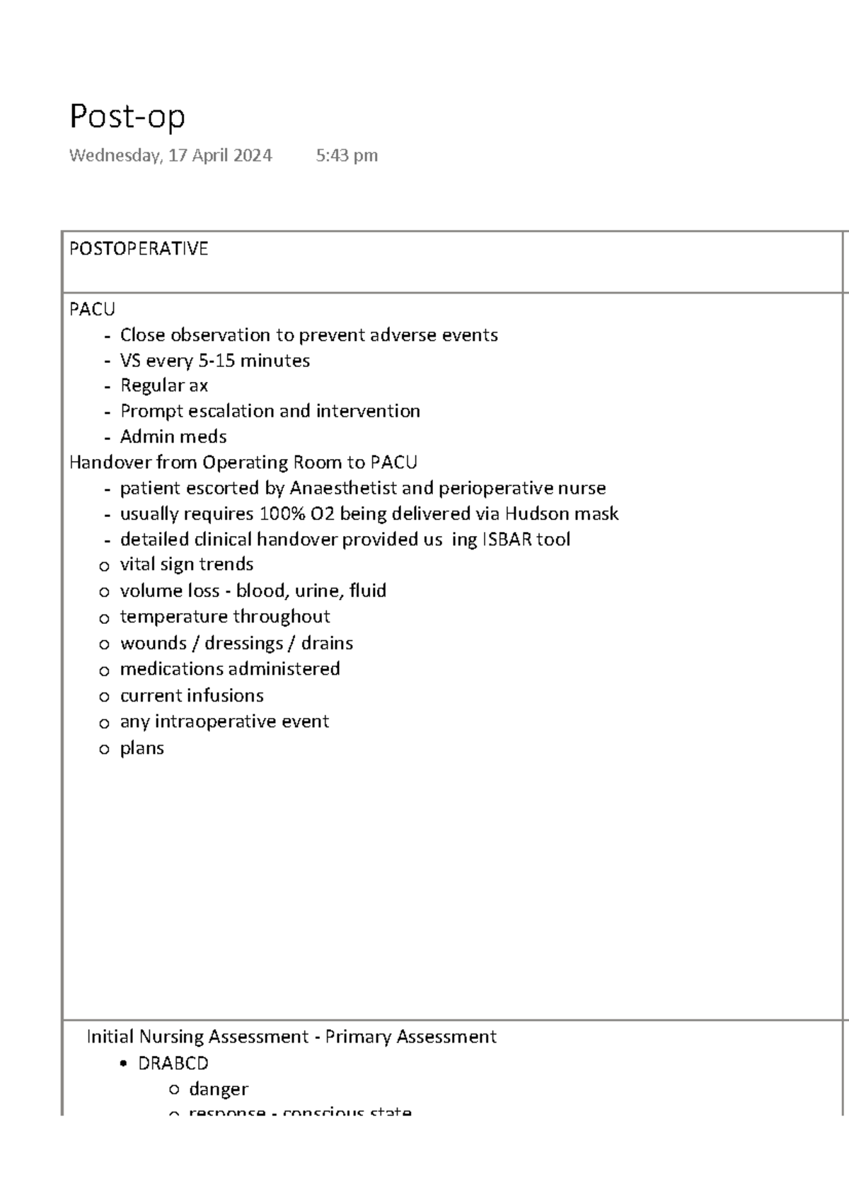 Postoperative PACU Care Guidelines - 3310 Notes - Studocu