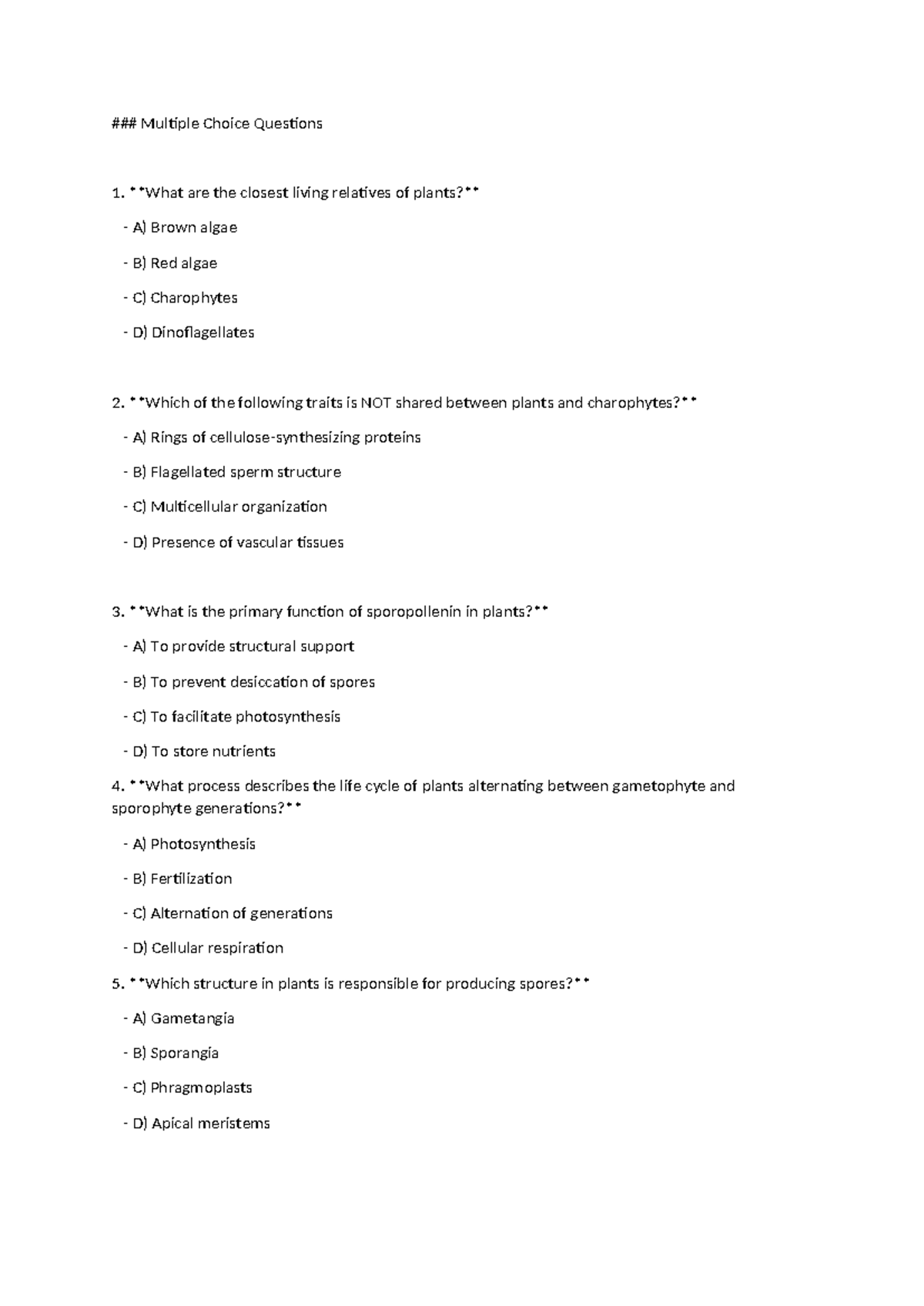 BIOL 102 Final Exam Study Guide: Plant Questions and Answers - Studocu